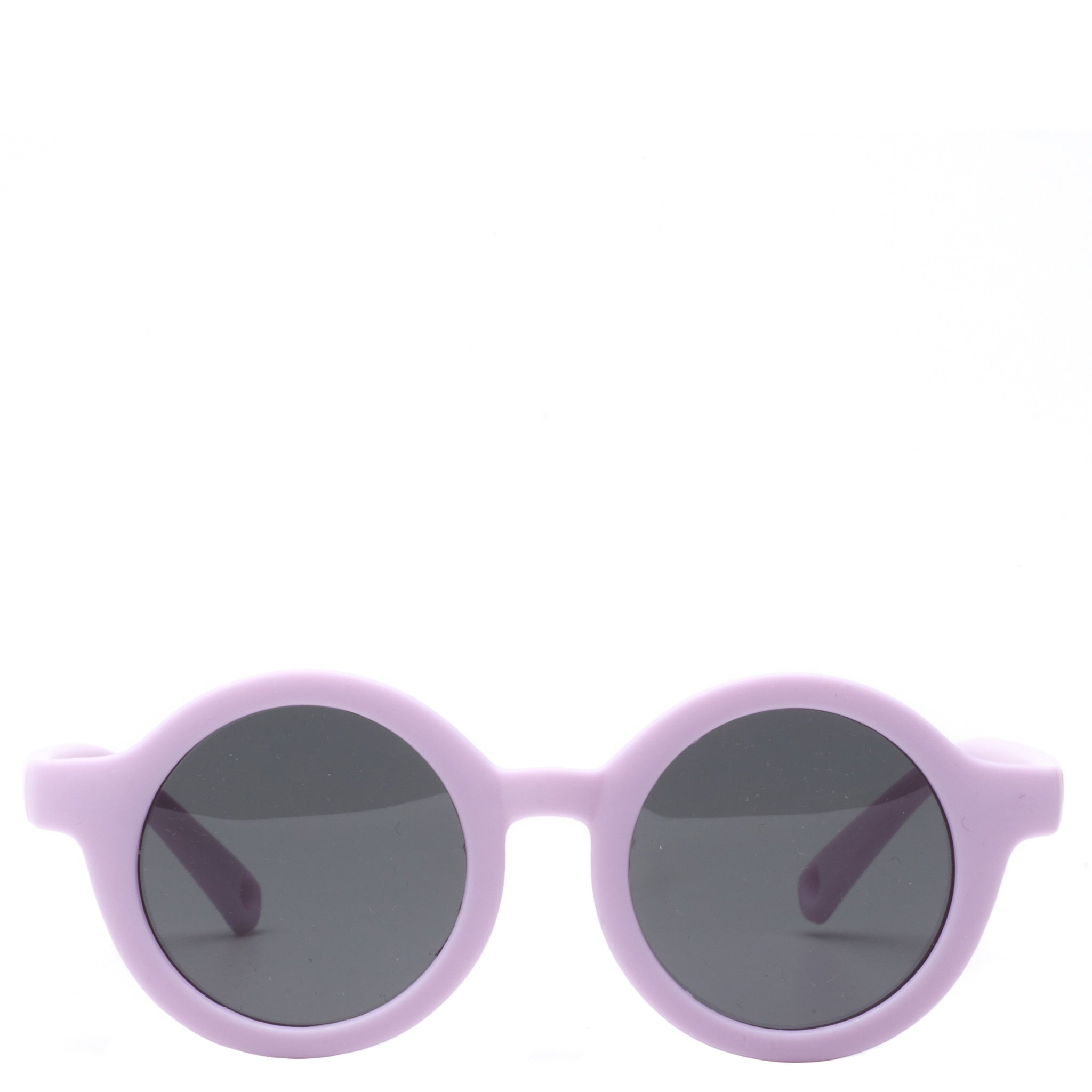 Sunglasses with purple frame and dark lenses on a white background