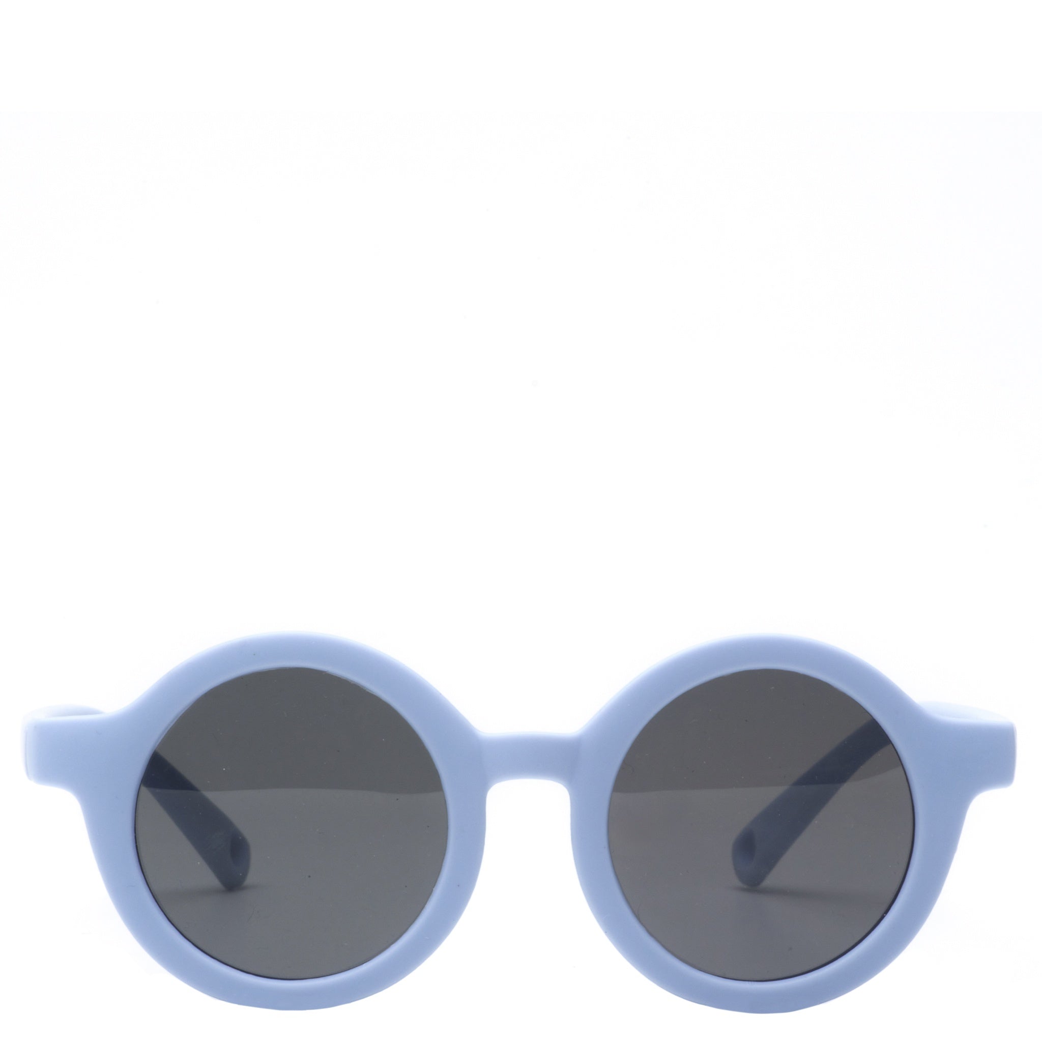 Light blue sunglasses with dark lenses on a white background