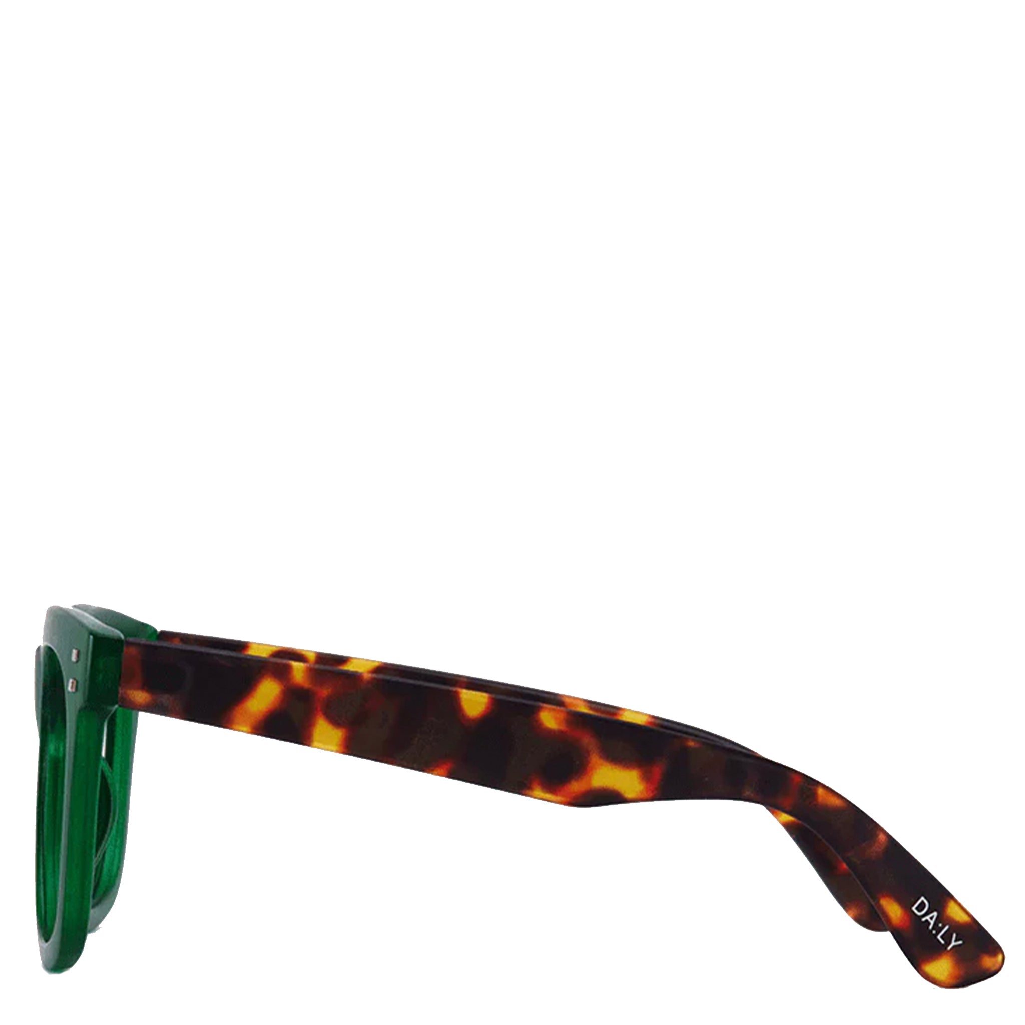 Sunglasses with tortoiseshell frame and green lenses on a white background
