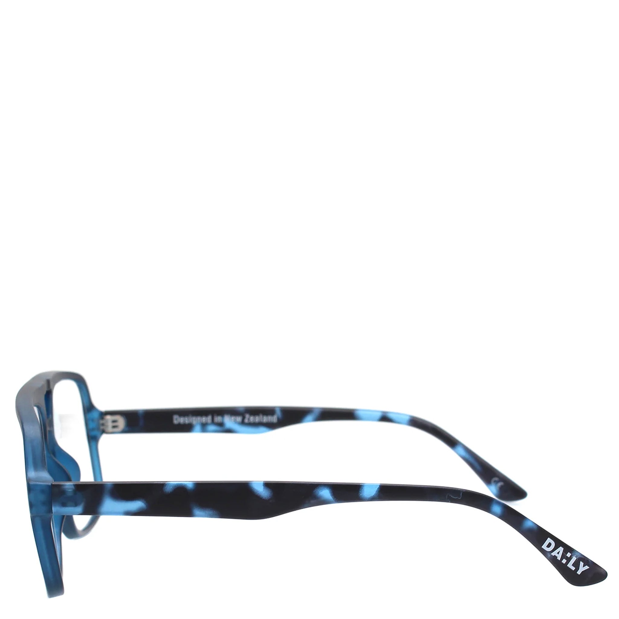 Blue and black tortoiseshell eyeglasses on a white background