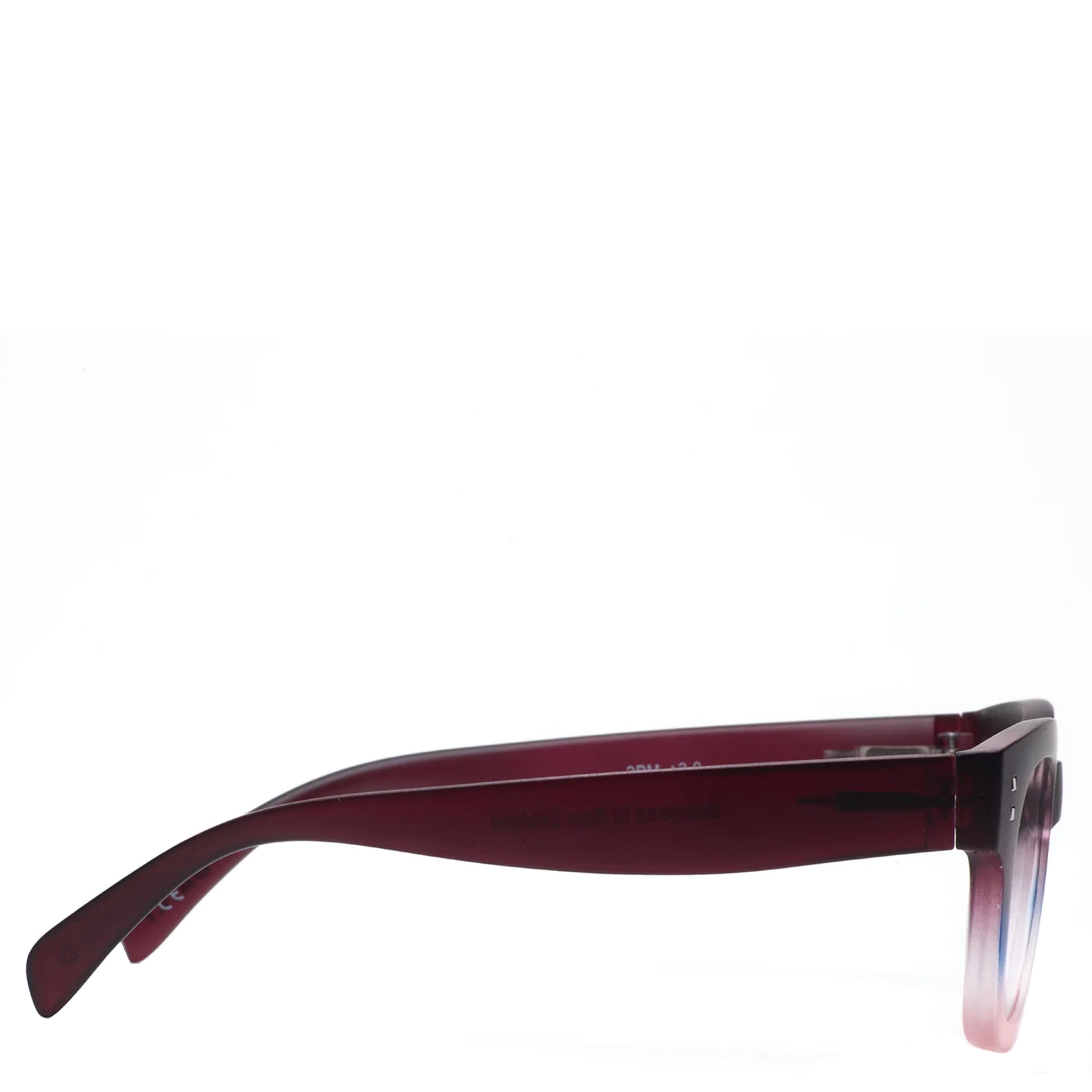 Sunglasses with a burgundy frame on a white background
