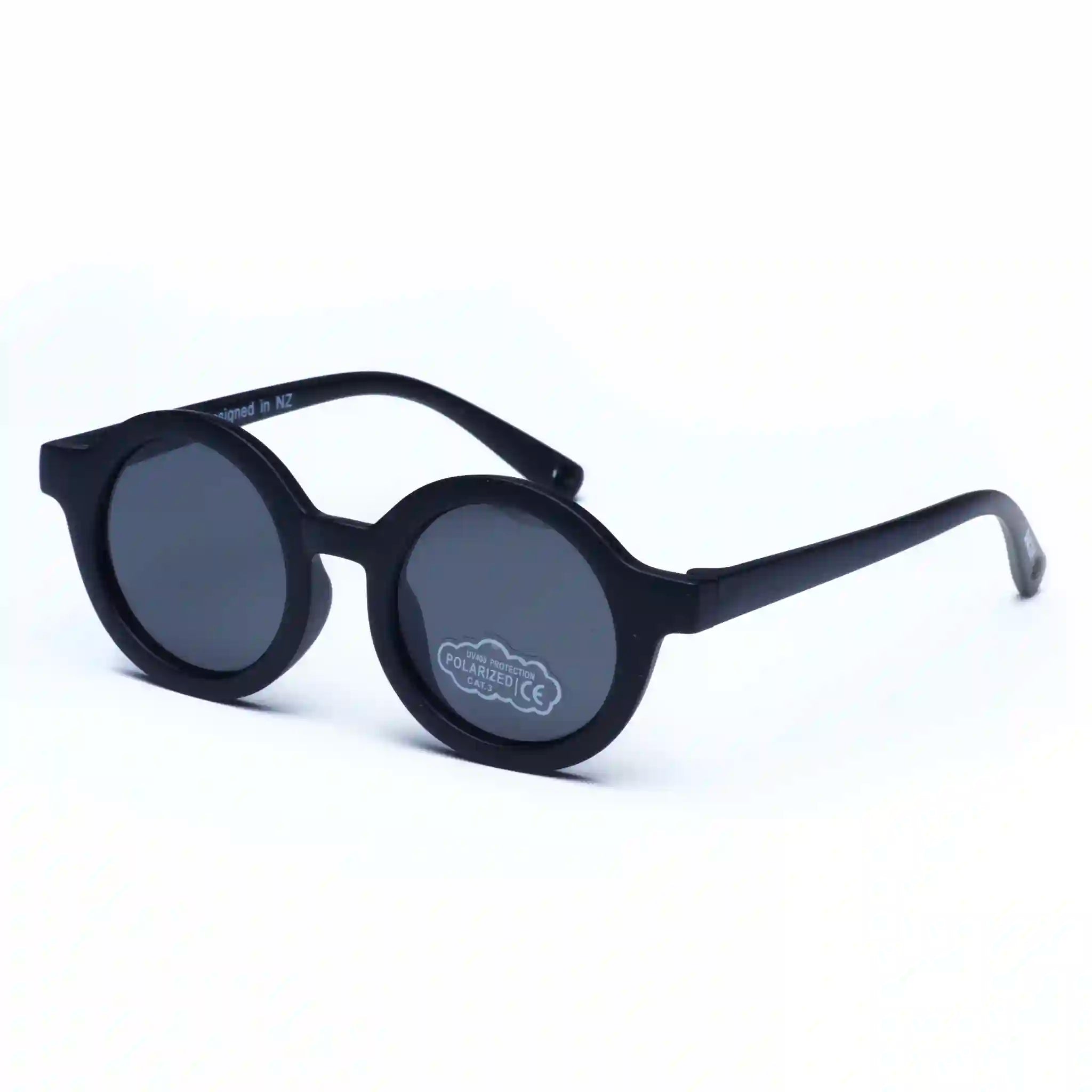 Black sunglasses with a visible brand logo on a white background