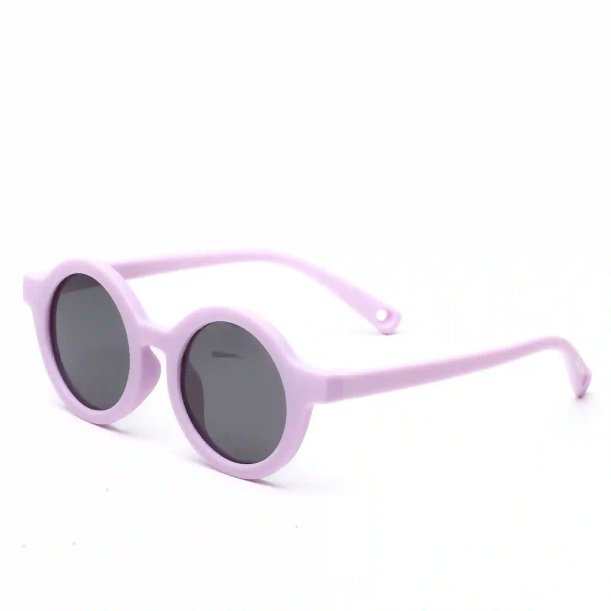 Purple sunglasses with dark lenses on a white background