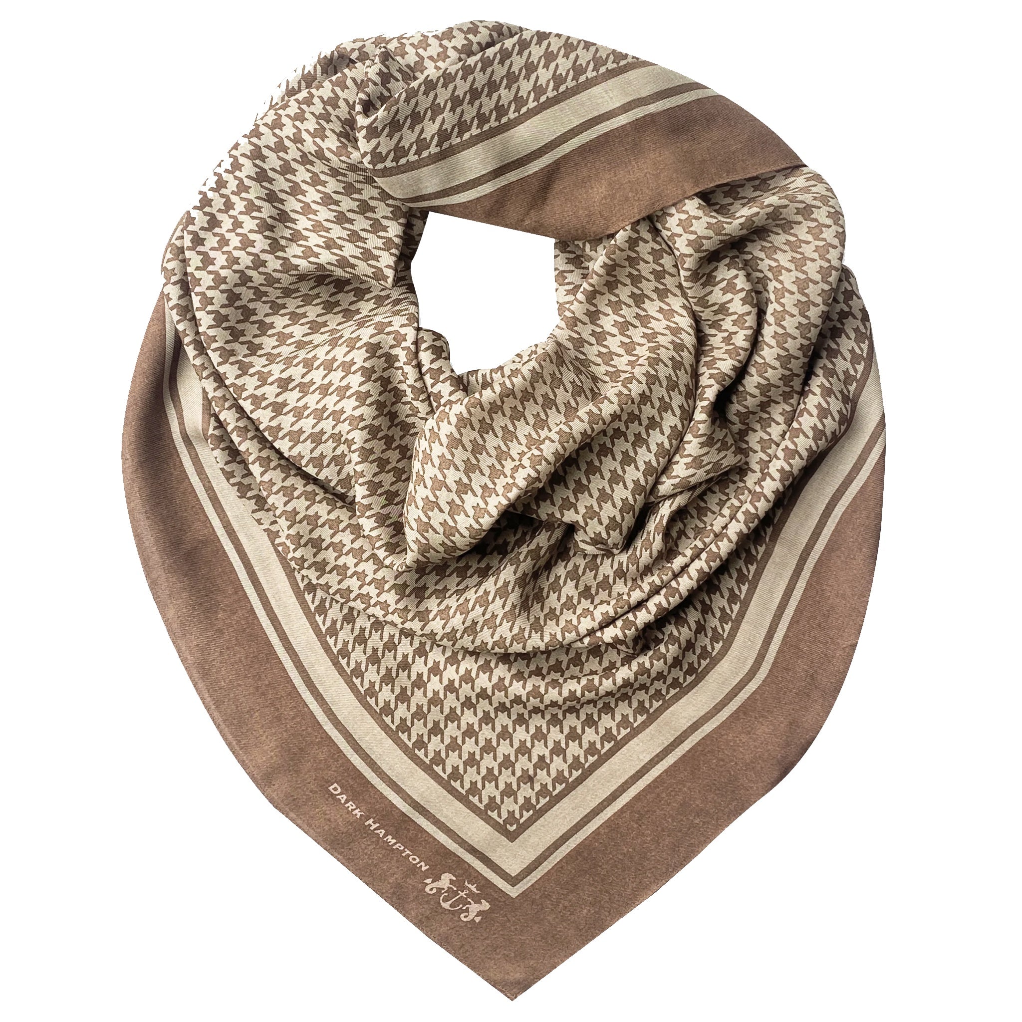Brown and beige patterned scarf on a white background