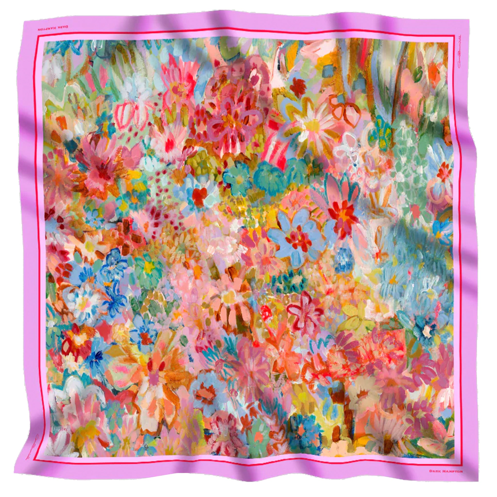 Colorful floral scarf with a pink border on a white background
