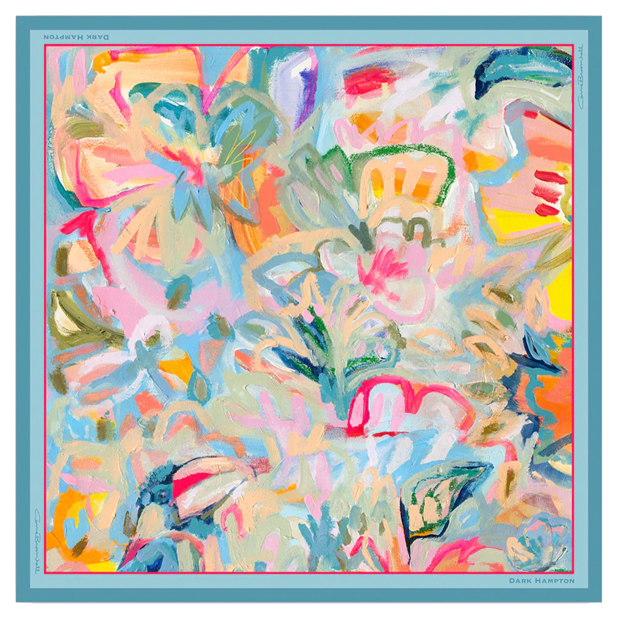 Colorful floral patterned fabric with a blue border
