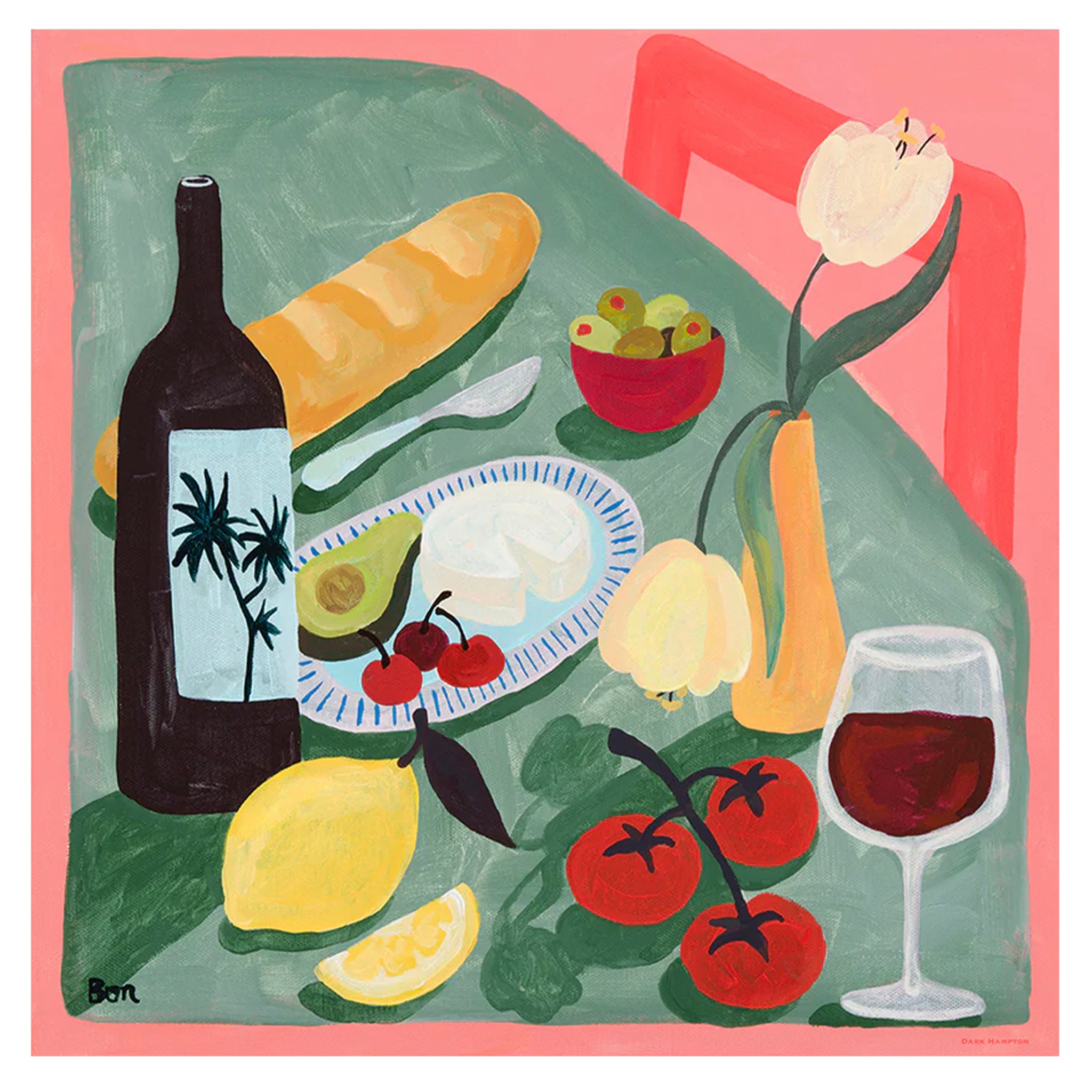 Still life painting with wine, bread, fruits, and a glass of wine on a green surface.