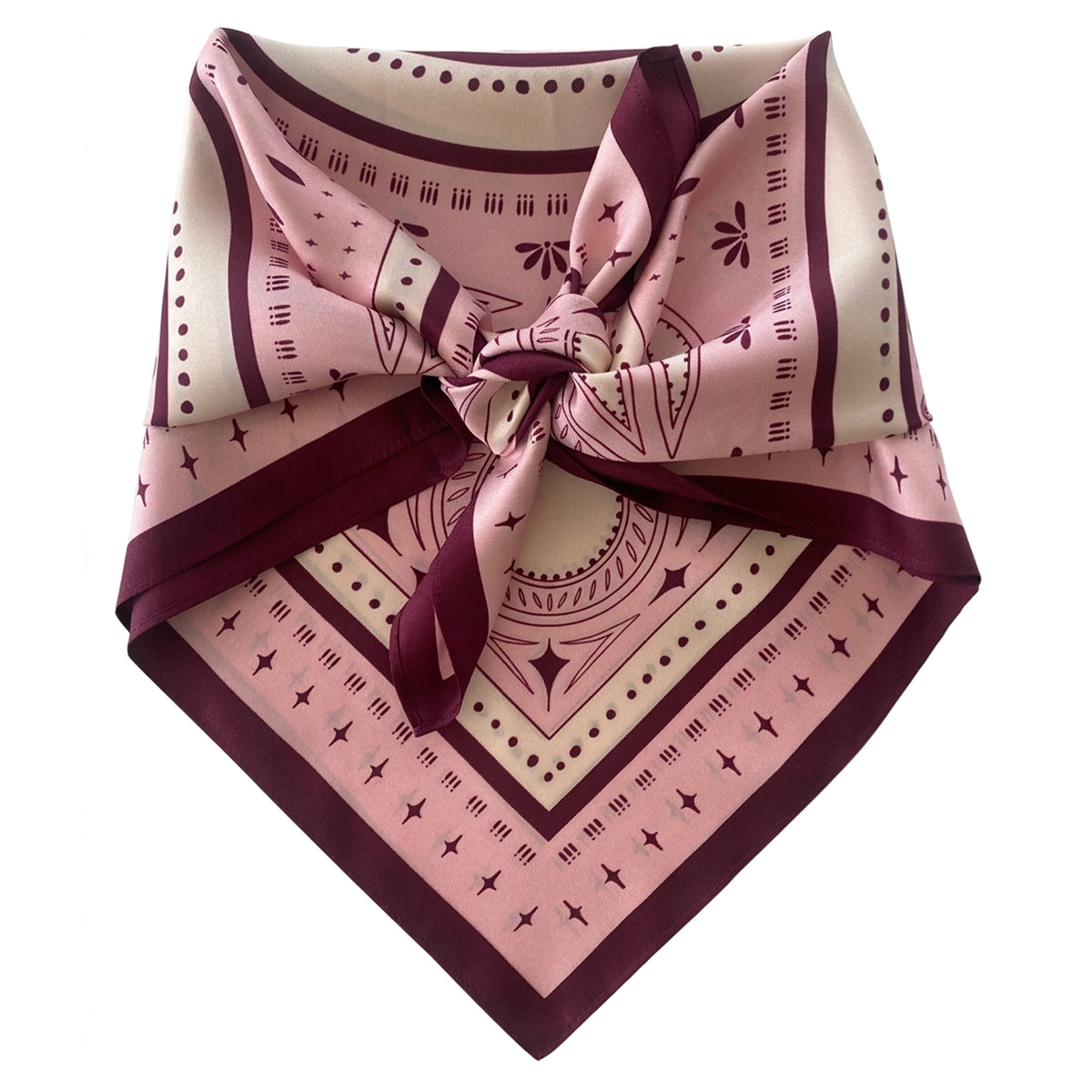 Dark Hampton x Ellie Compton Petite Silk Scarf - Wilkinson, knotted blush pink silk bandana with burgundy linework border