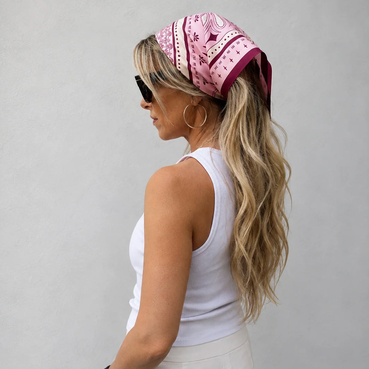 Dark Hampton x Ellie Compton Petite Silk Scarf - Wilkinson worn as a headscarf, side view on model