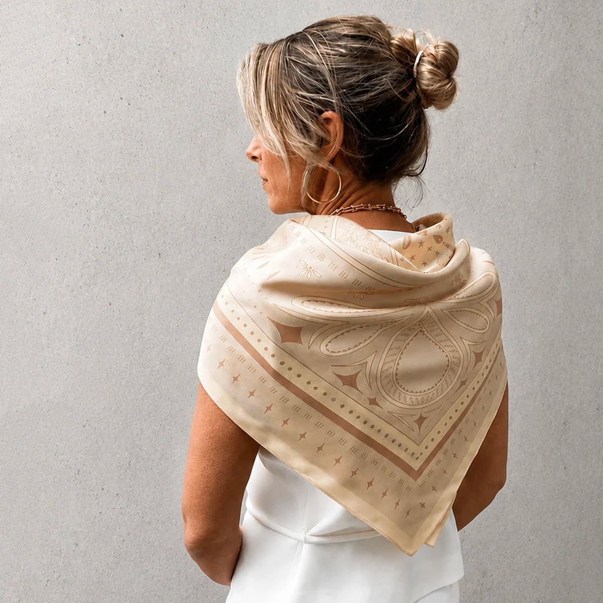 Dark Hampton x Ellie Compton Silk Scarf - the Burnett draped over shoulders, back view on model