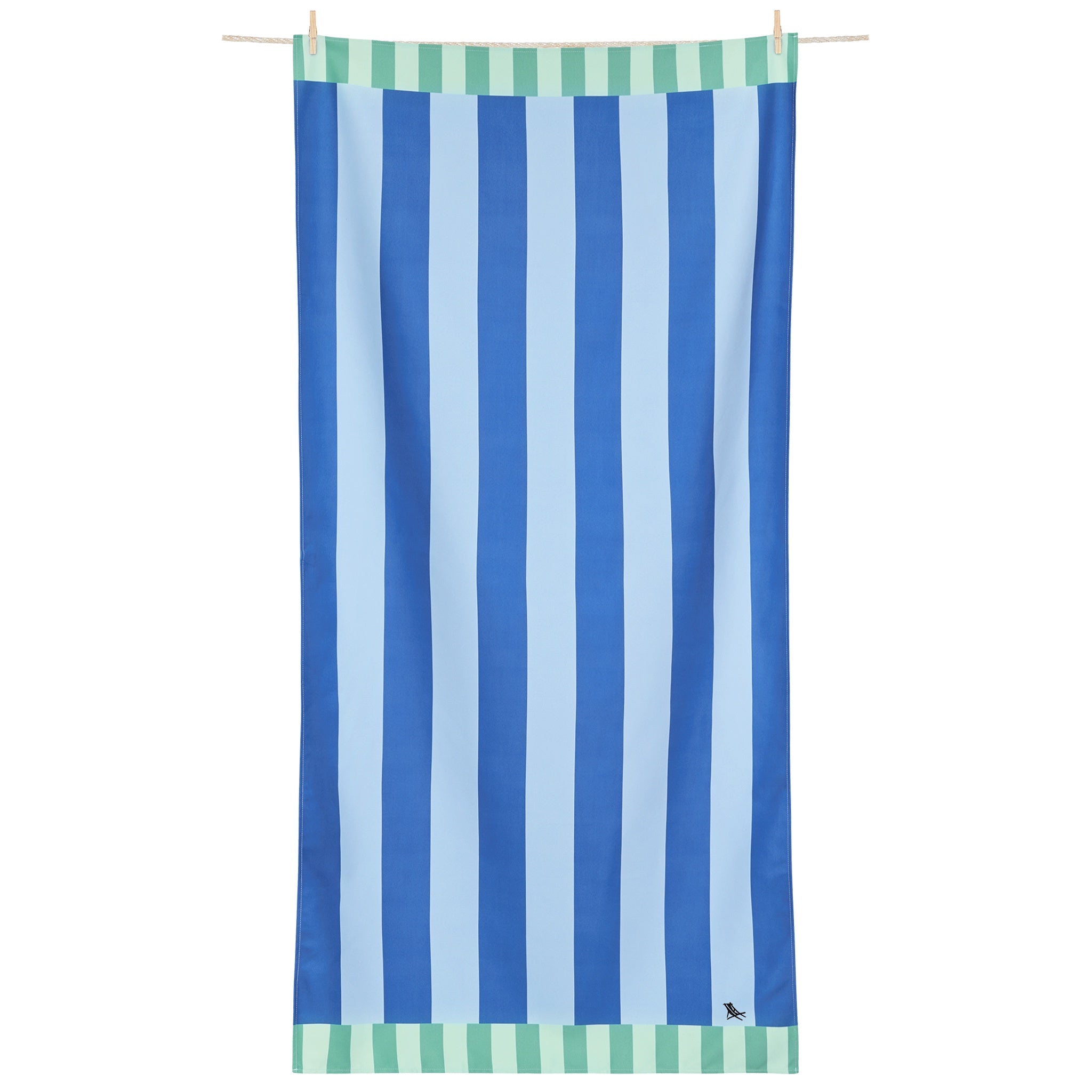 Striped towel with blue and light blue vertical stripes on a white background