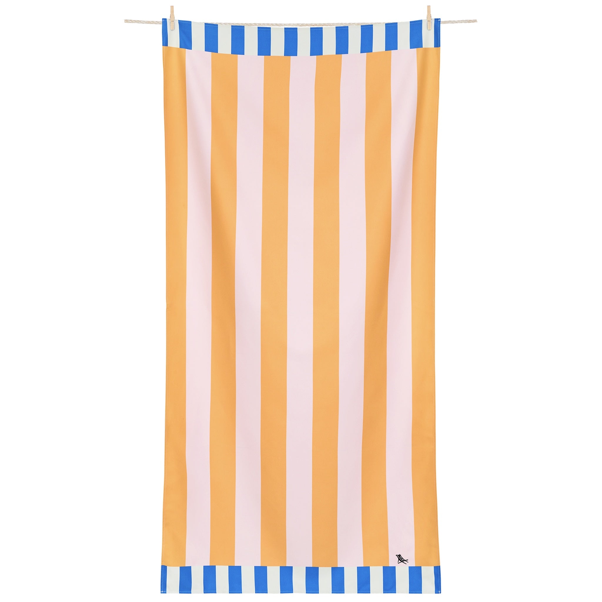 Striped towel with orange, white, and blue pattern on a white background