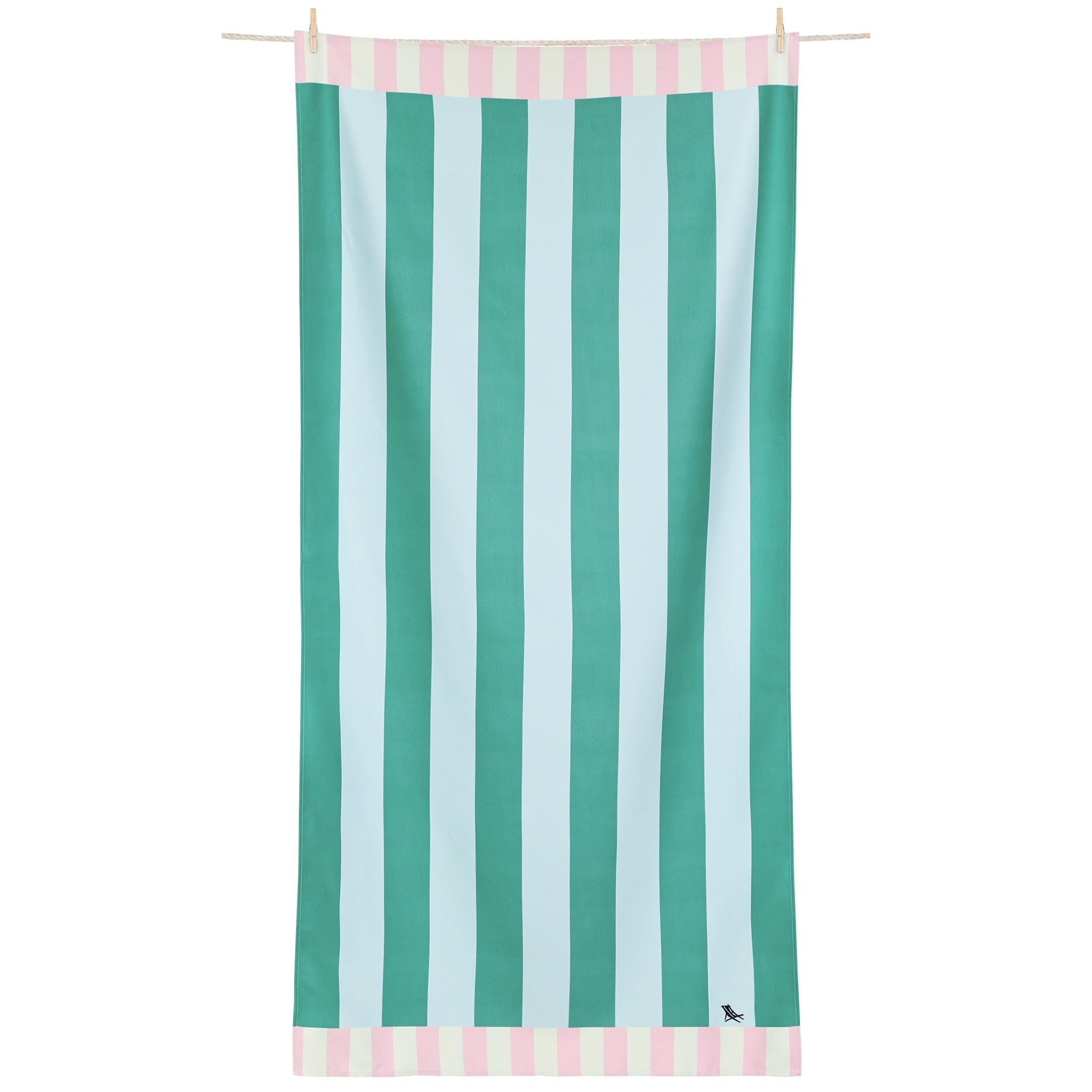 Striped towel with green and white vertical stripes on a white background