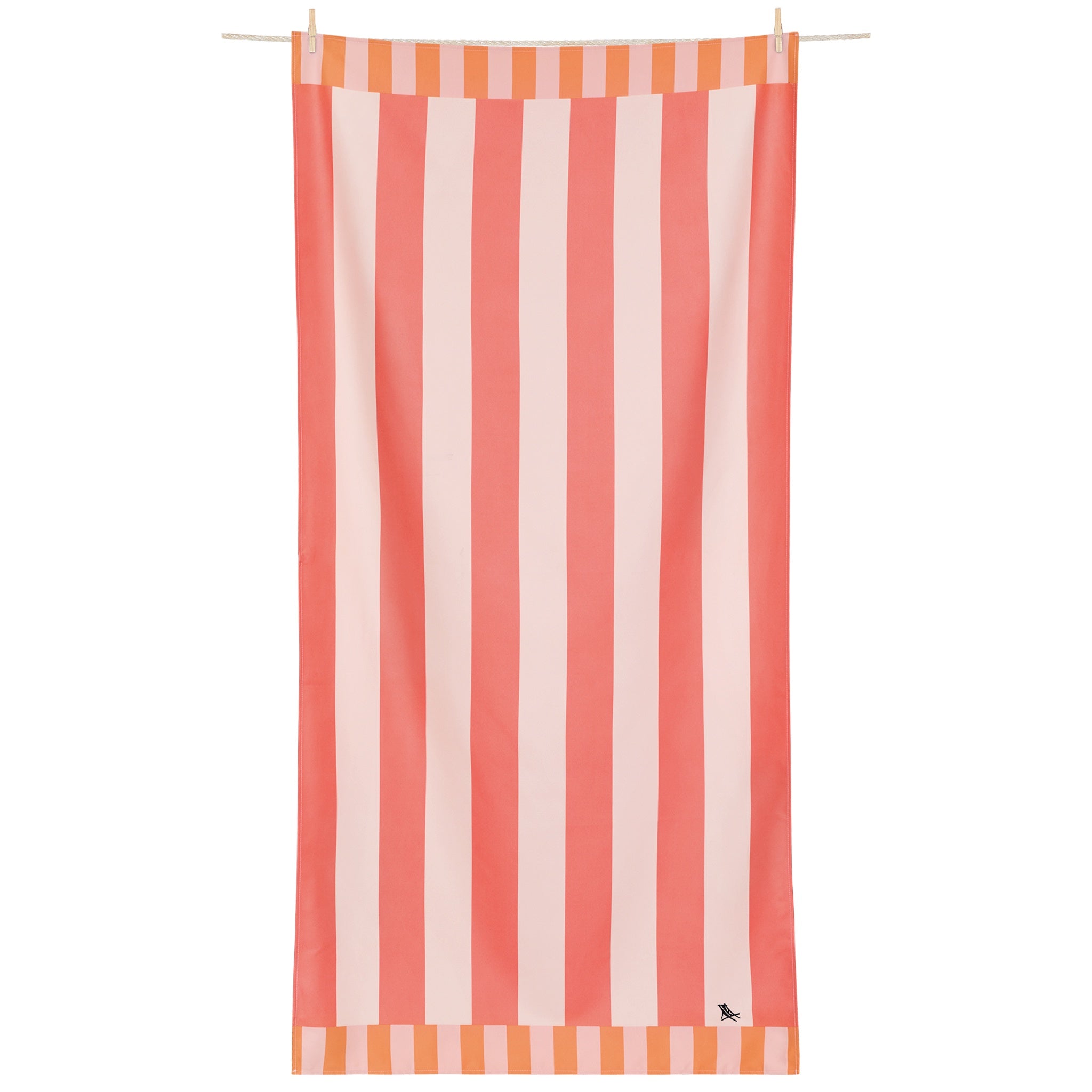 Striped towel with orange and white vertical stripes on a white background