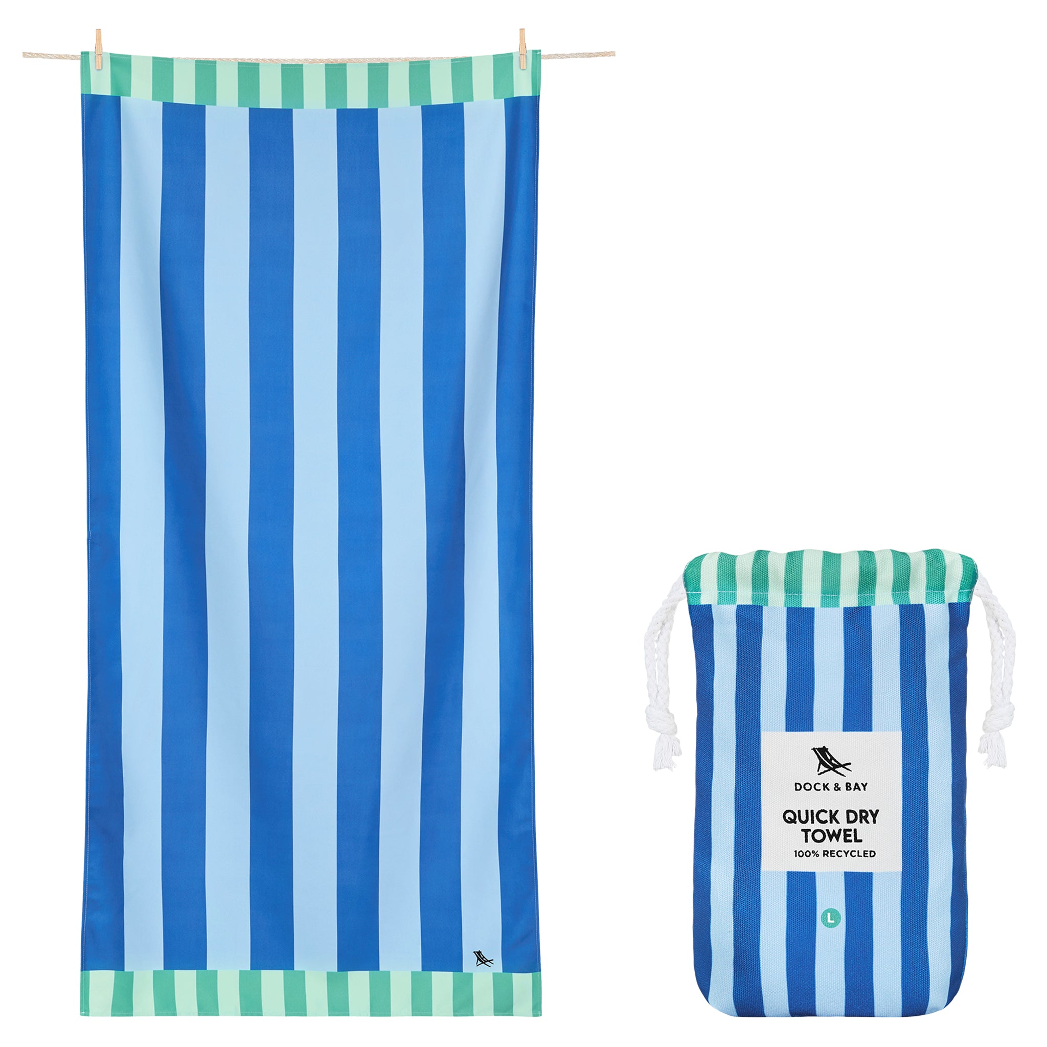 Blue and green striped quick dry towel with packaging on a white background