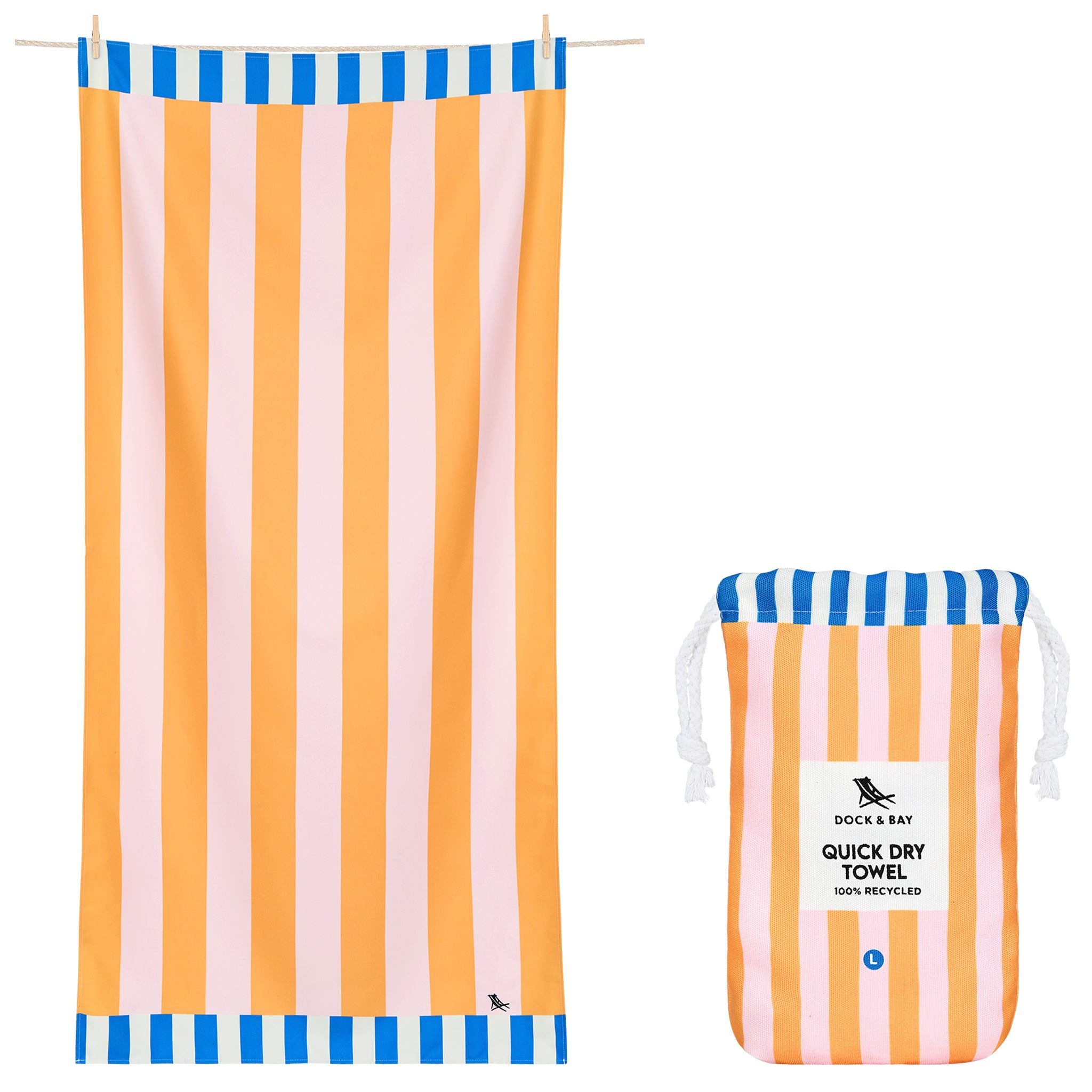 Striped quick dry towel with packaging on a white background