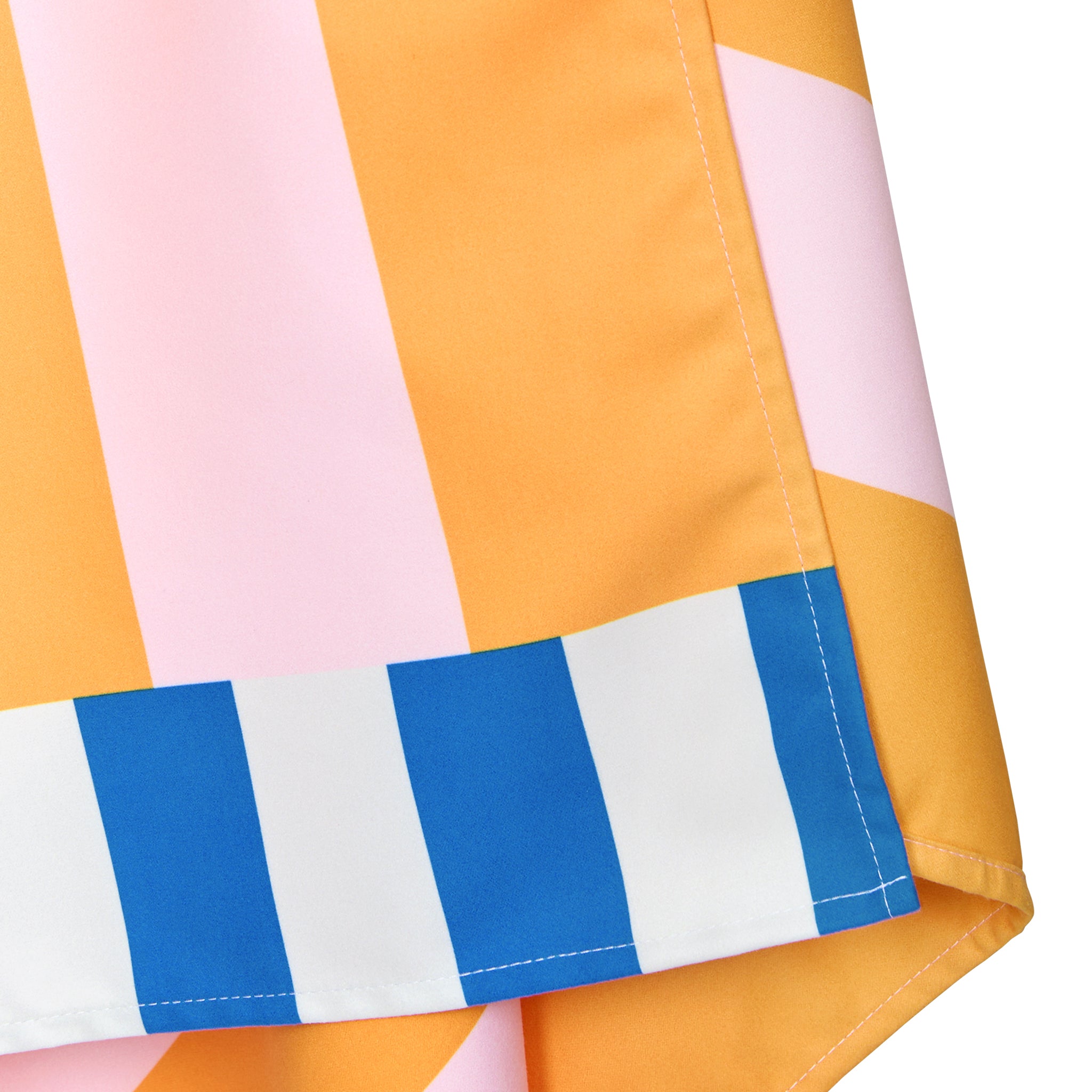 Close-up of a colorful striped fabric with pink, yellow, and blue stripes on a white background.