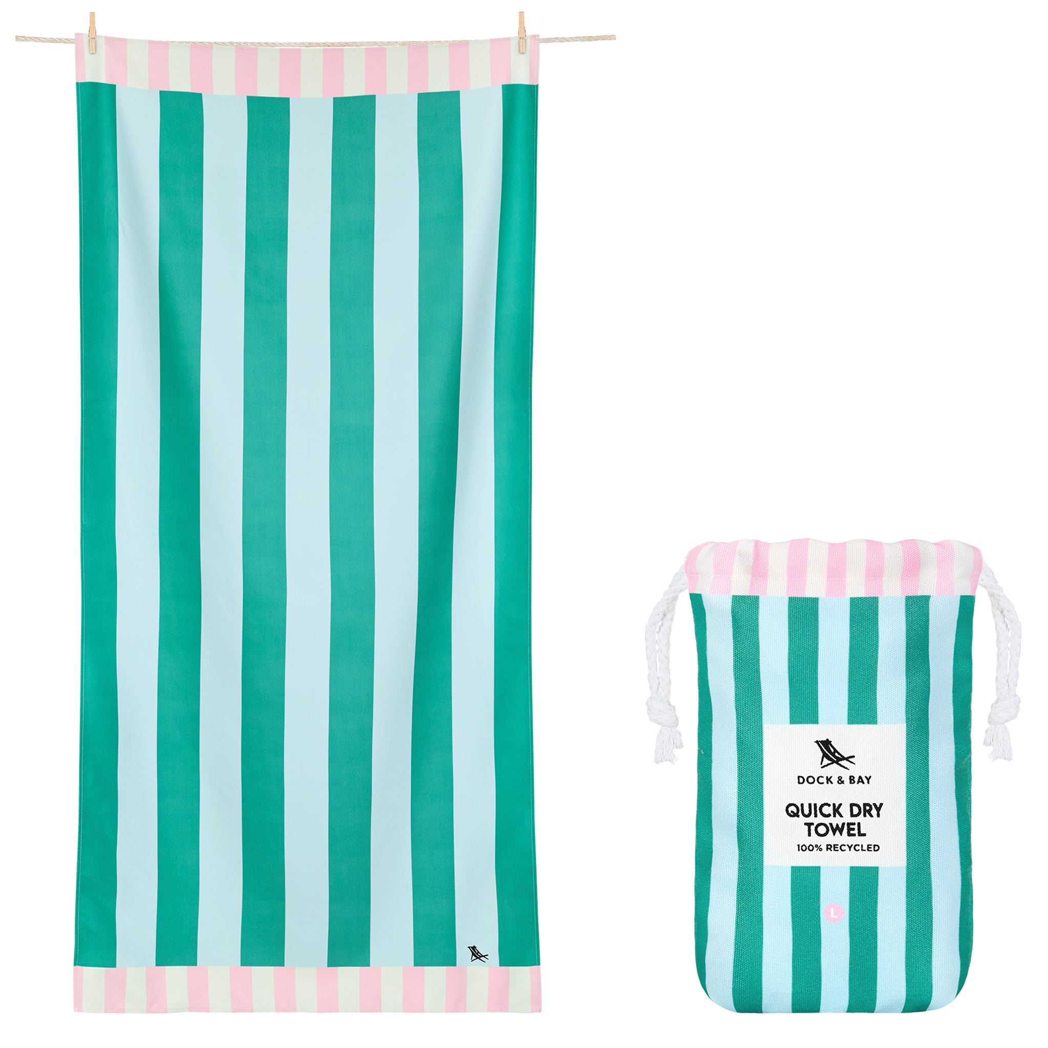 Striped quick dry towel with packaging on a white background