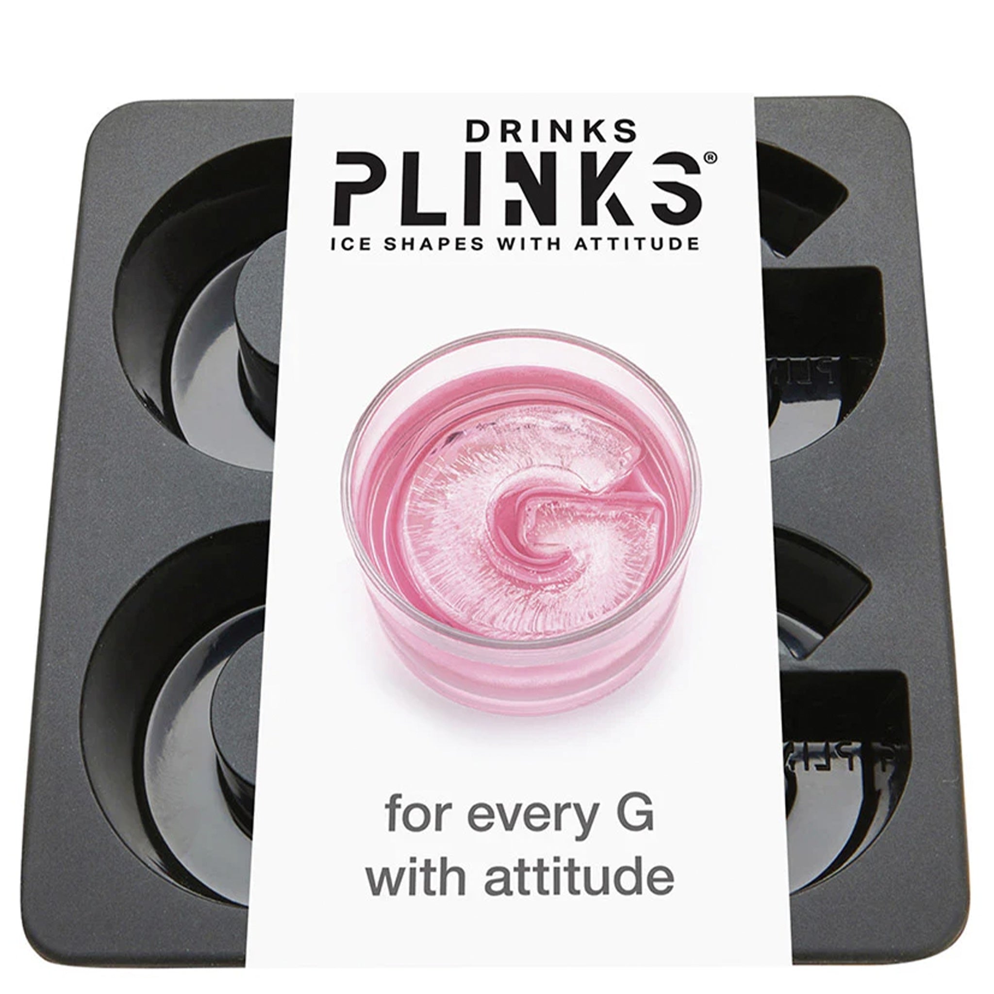 Drinks Plinks G ice cube tray with pink ice cube and branding on a white background