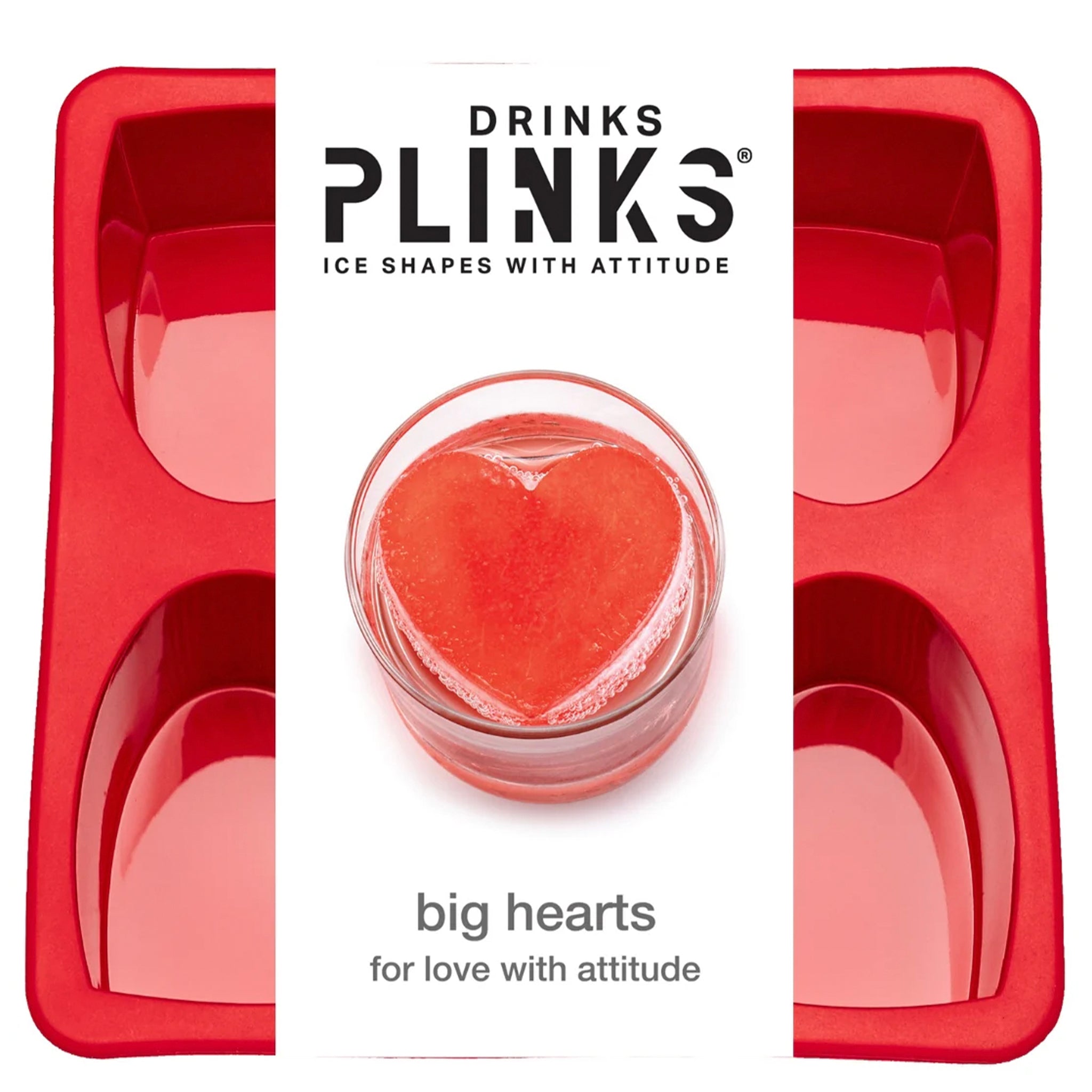 Red ice cube tray with heart-shaped molds on a white background, featuring the brand 'Drinks Plinks'.