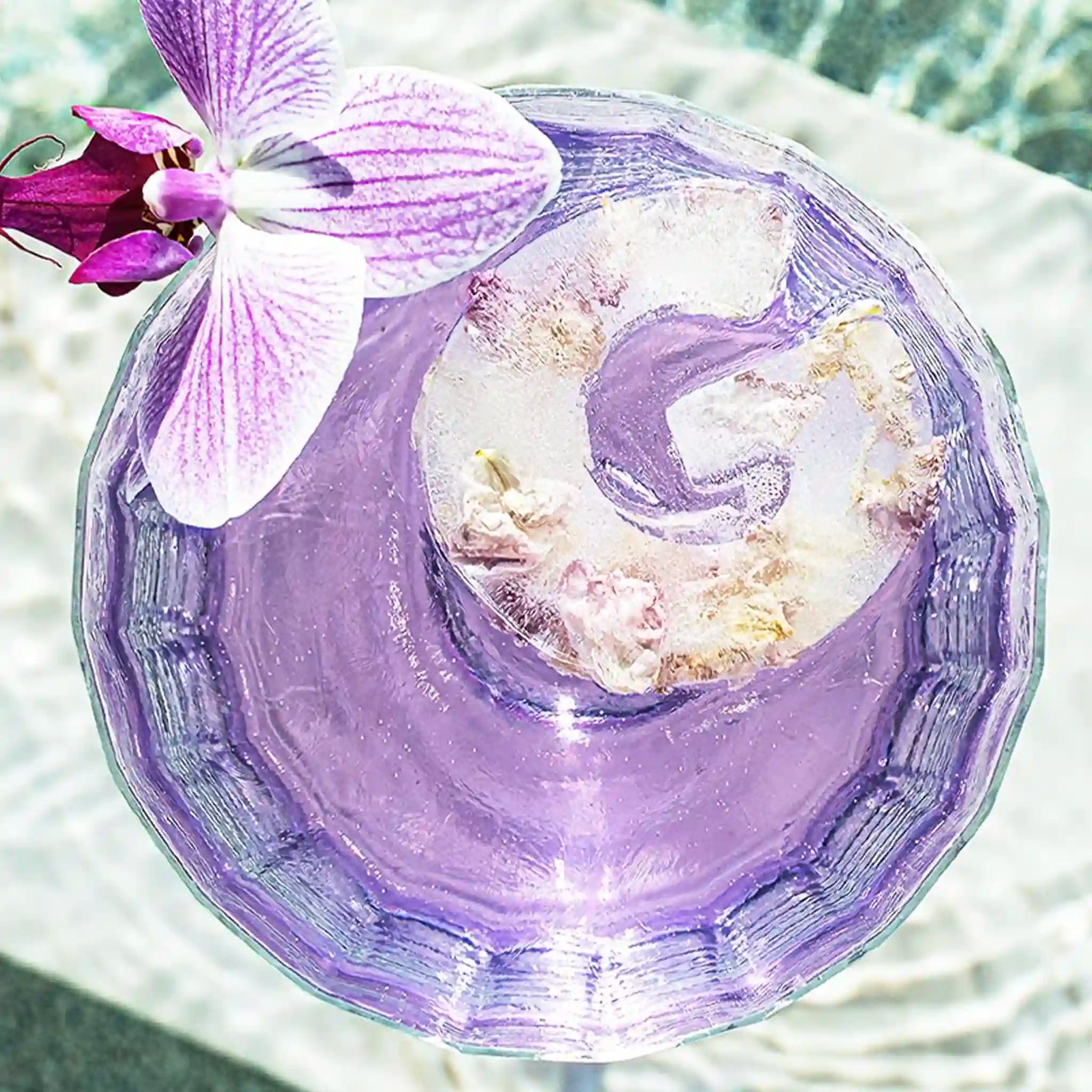 Drinks Plinks G ice cube with purple ice cube in a glass.