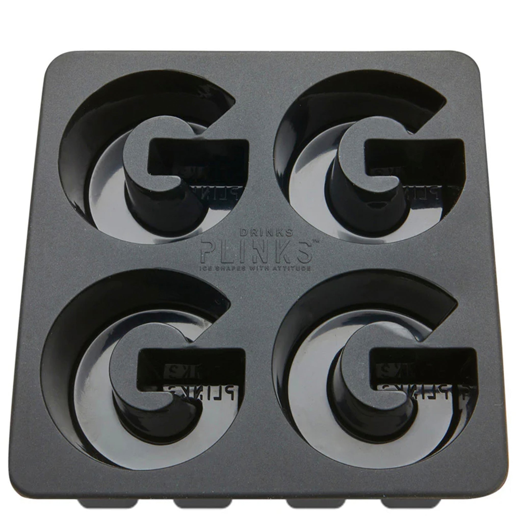 Gray G ice cube tray with 'Drinks Plinks' branding .