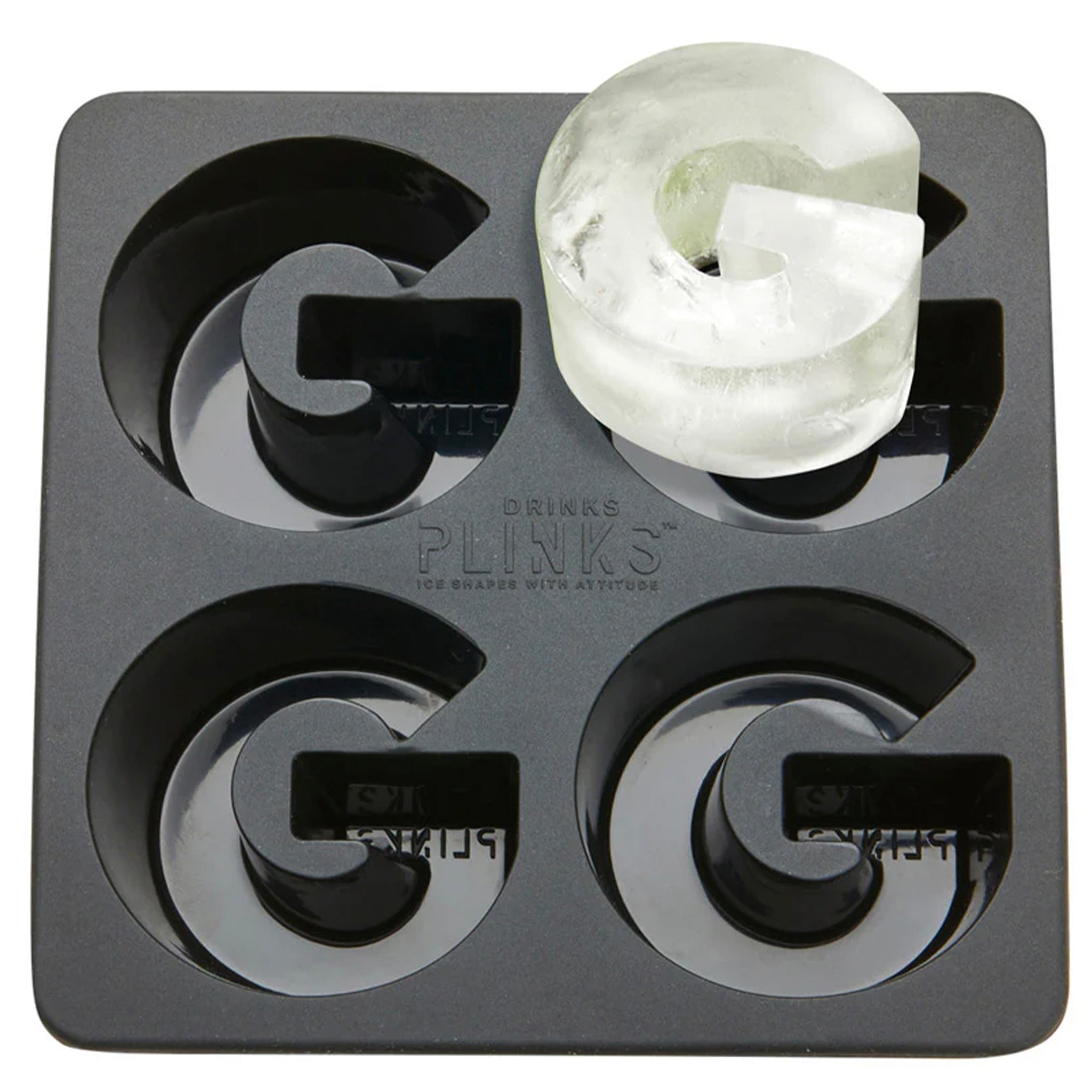 Gray G ice cube tray with 'Drinks Plinks' branding and a formed ice cube.