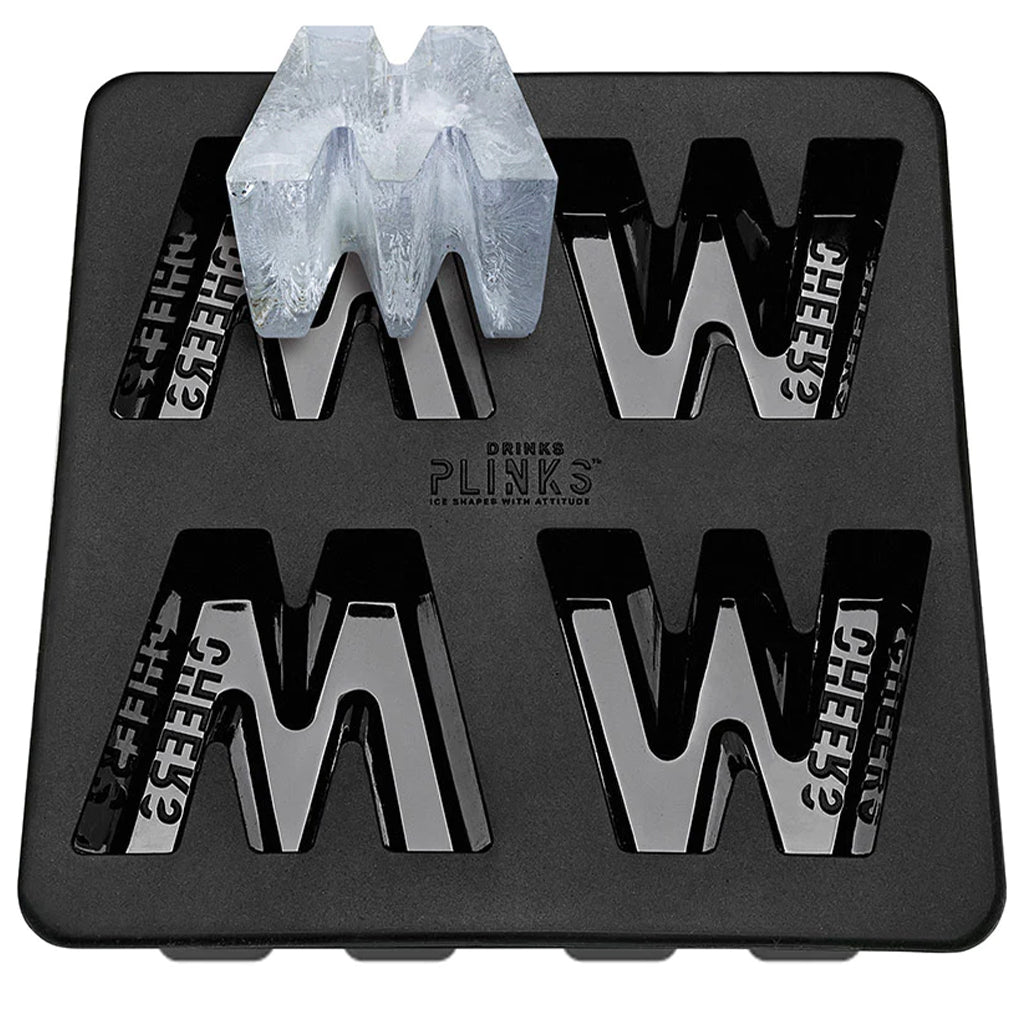 Black ice cube tray with letter 'M' molds and a clear cube on a white background
