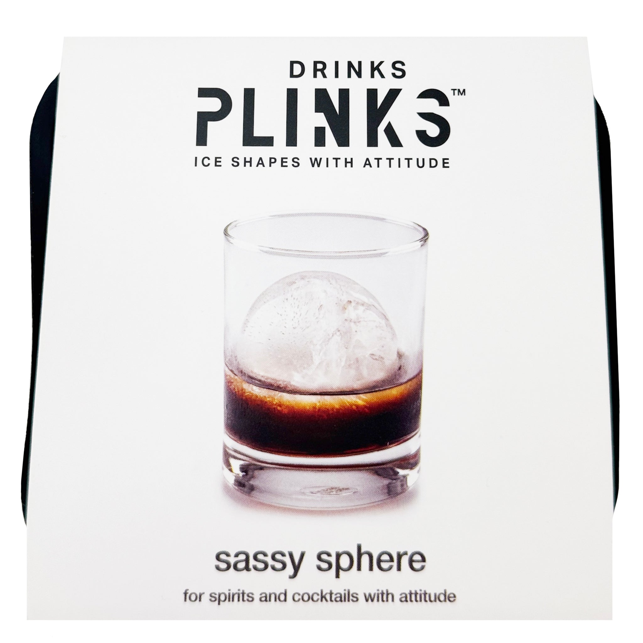 Drinks Plinks ice sphere packaging with a glass of liquid and ice cube on a white background