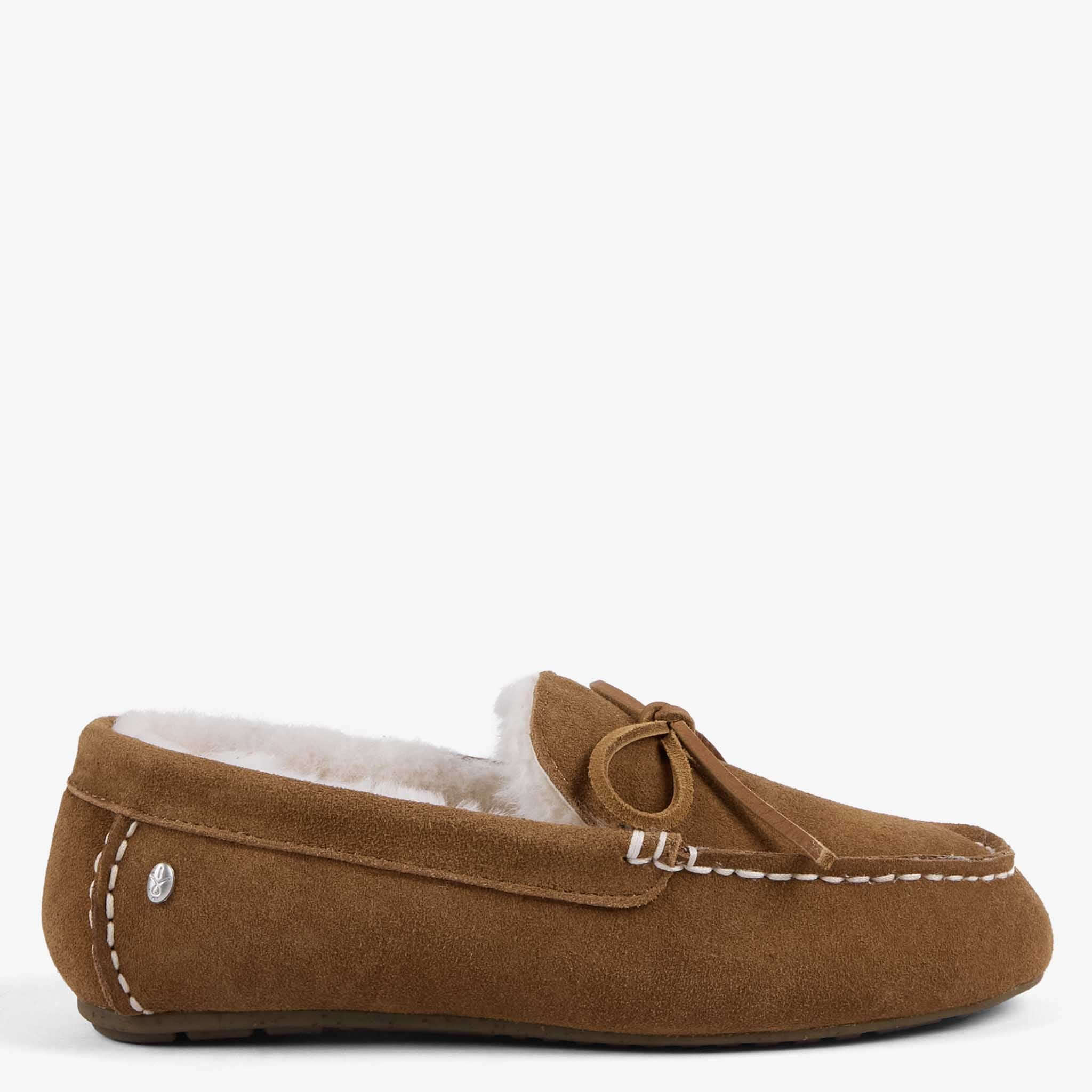 EMU Sandrine Slippers - Camel in soft suede with sheepskin lining and vintage leather lace detail.