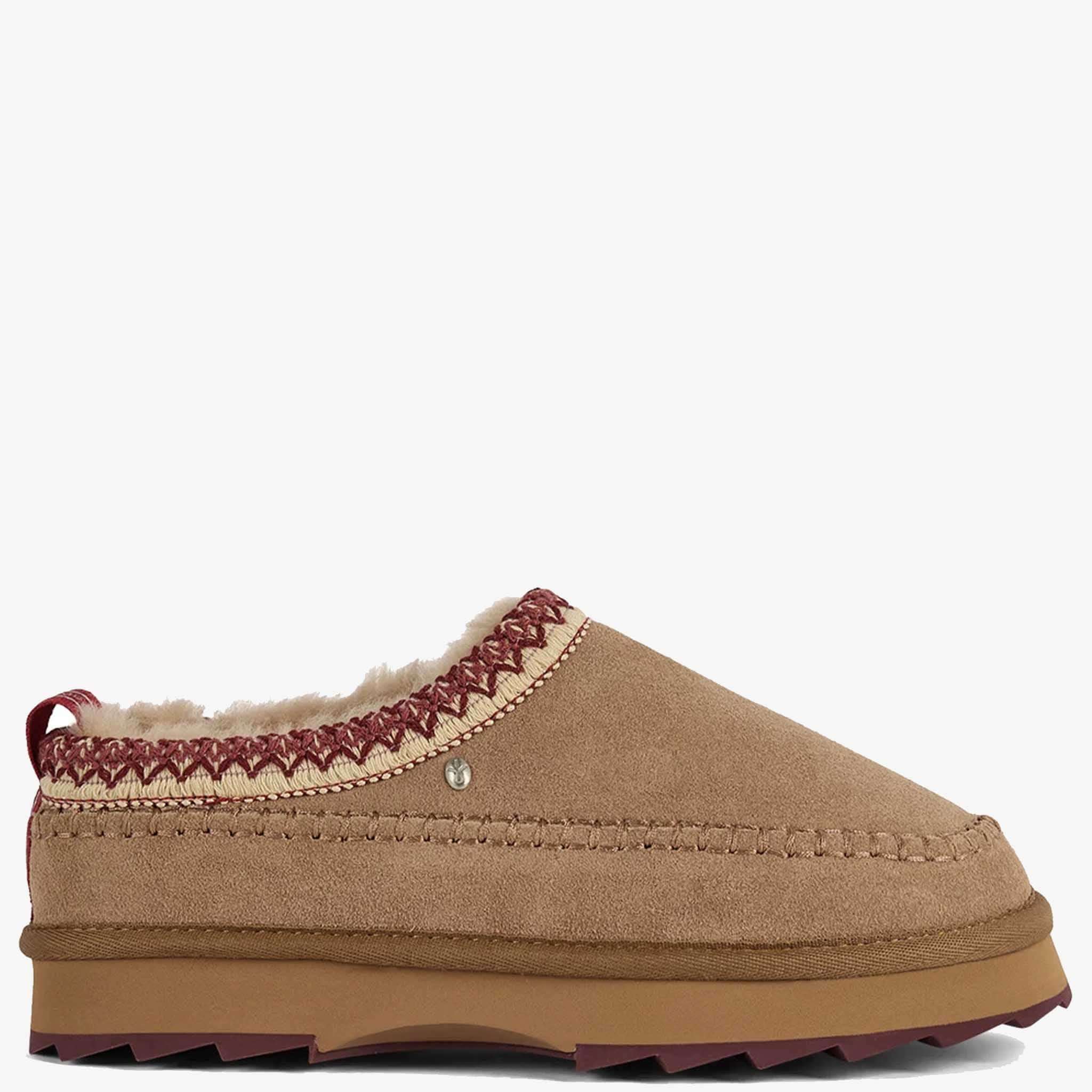 EMU Sharky Adventure Scuff Slippers - Camel displayed in a side view showcasing its soft suede and thick comfort outsole.