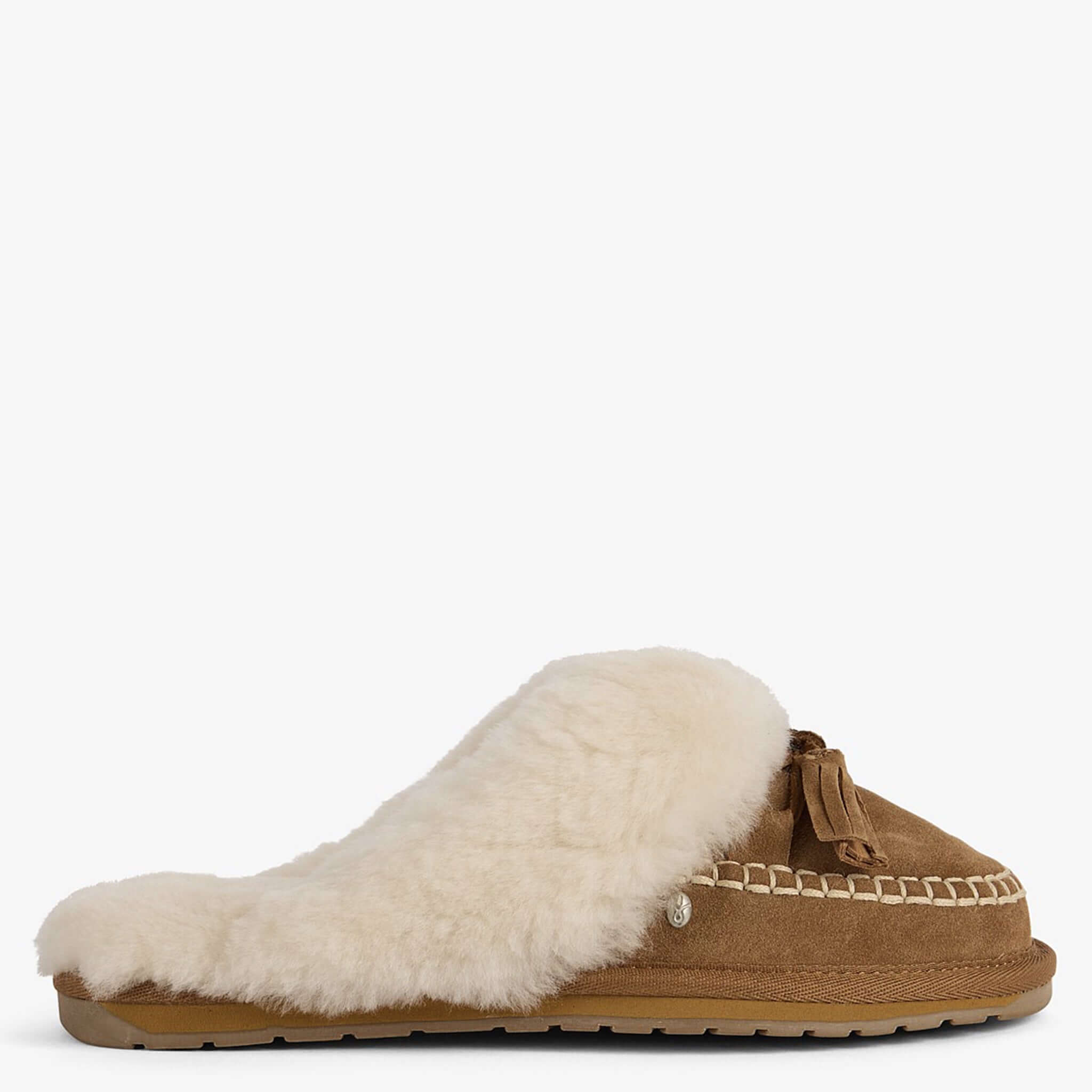 EMU Tahnee Slippers - Chestnut side view showing sheepskin lining and tassel detailing.
