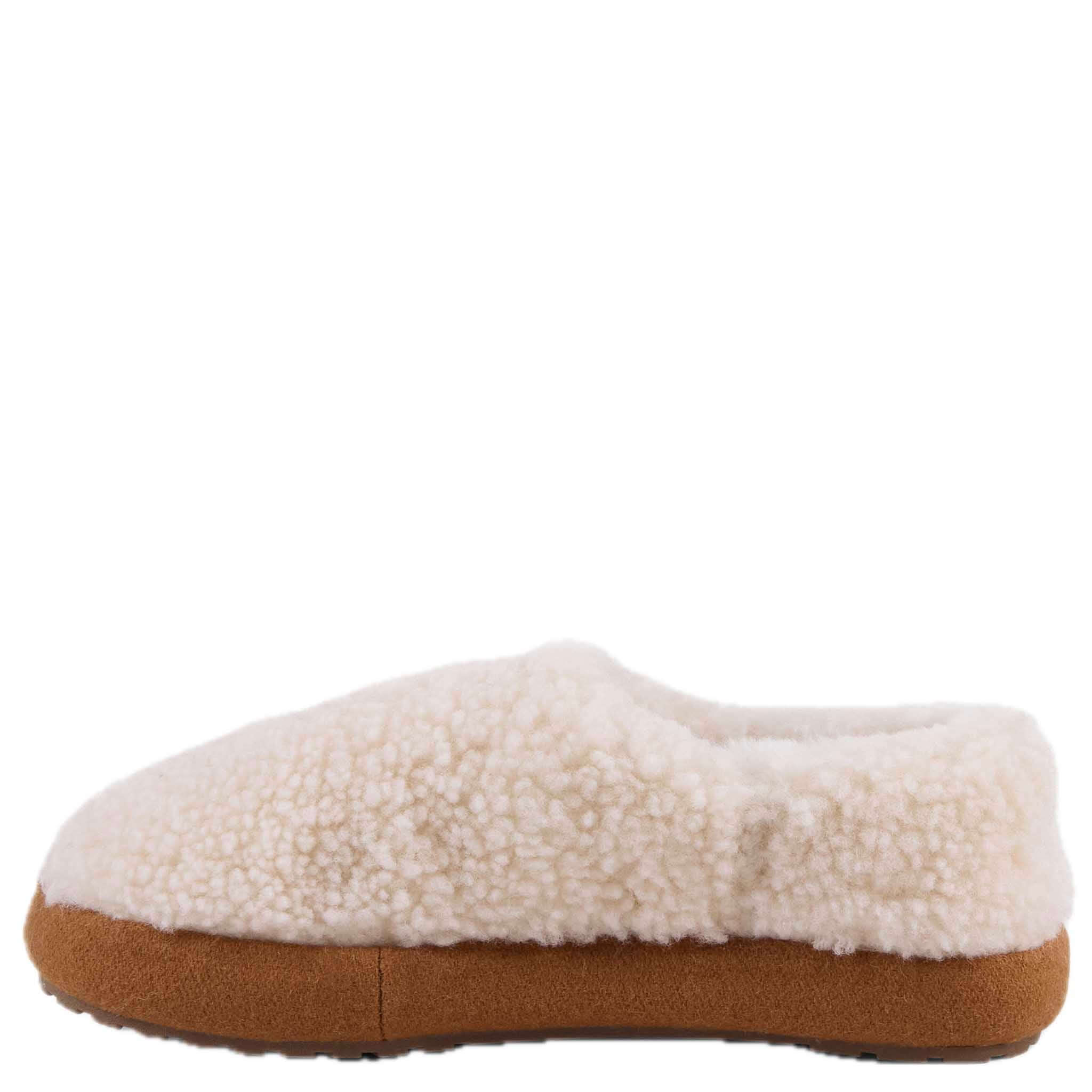 Alt Tag: EMU Ashton Slippers -  Natural sheepskin slippers with teddy-textured upper and cushioned sole, side view
