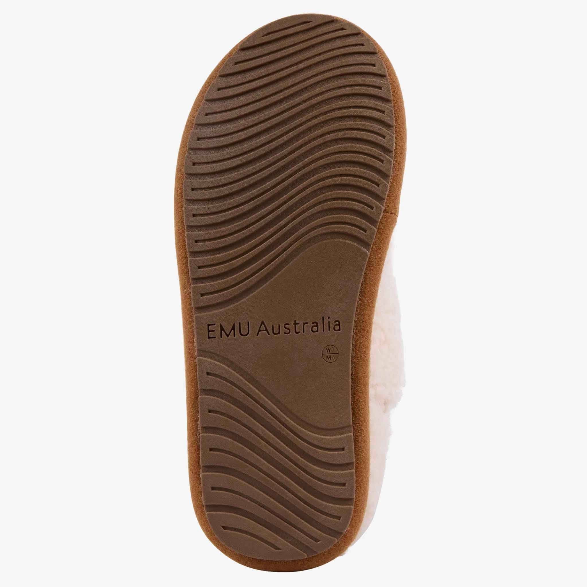 Alt Tag: EMU Ashton Slippers -  Natural outsole view with EMU Australia logo and textured rubber sole for grip