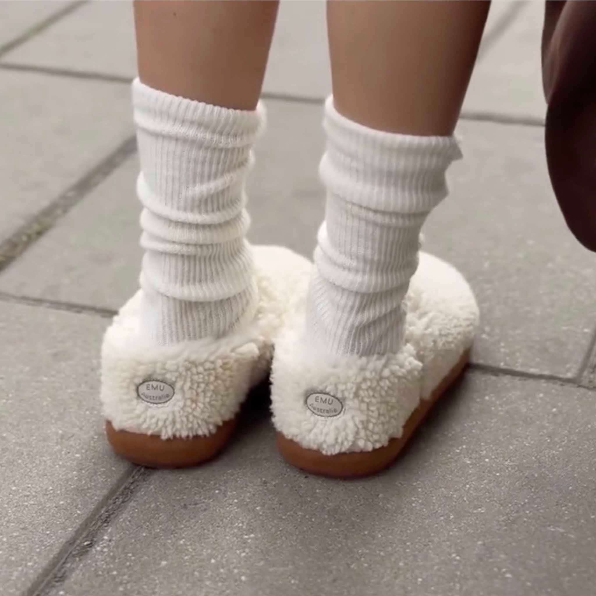 Alt Tag: EMU Ashton Slippers -  Natural fluffy sheepskin slippers in natural color, teddy-textured upper with cozy socks, outdoor sole