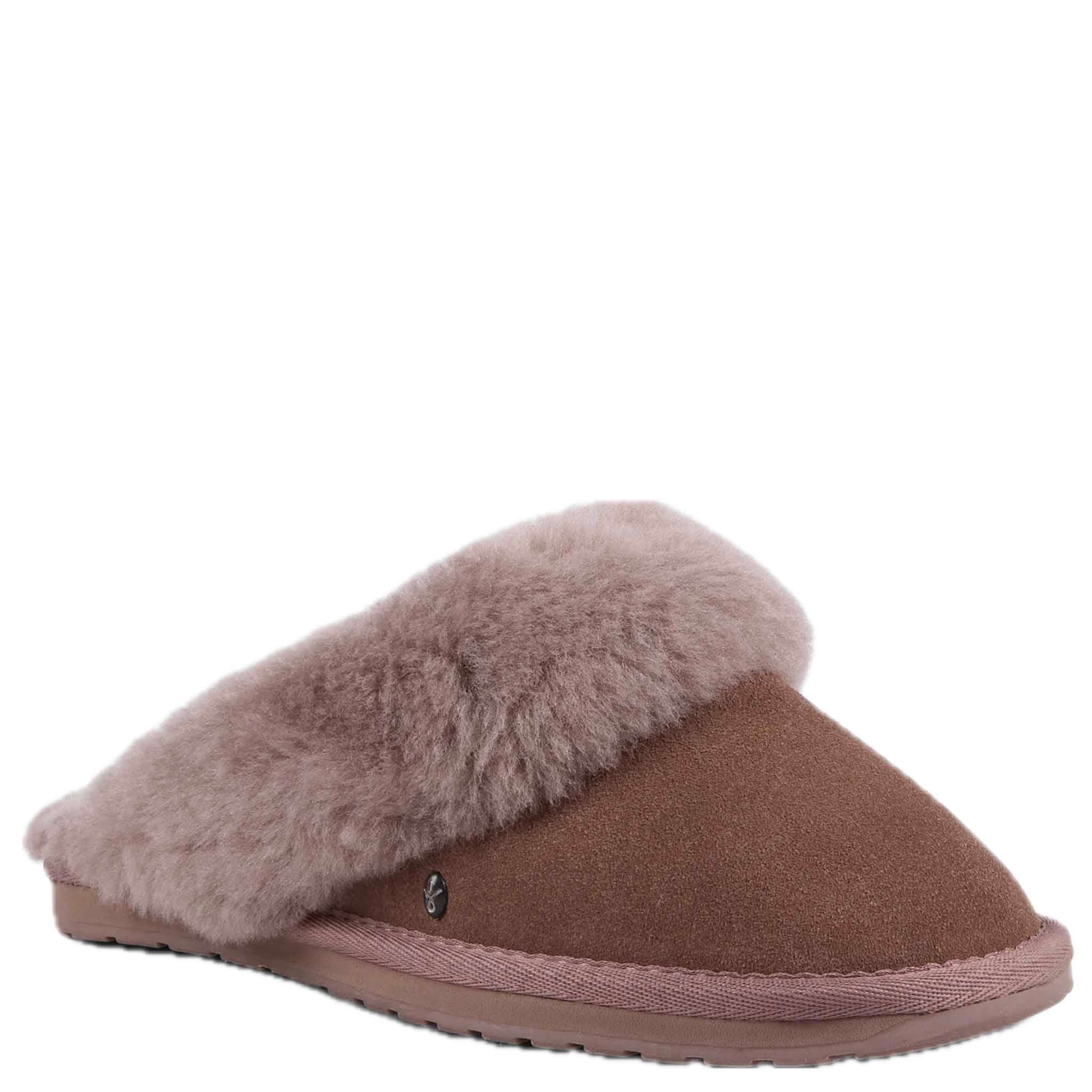 Alt Tag: EMU Jolie Slippers - Mocha womens suede mule slippers with plush sheepskin lining and dual layer indoor outdoor outsole