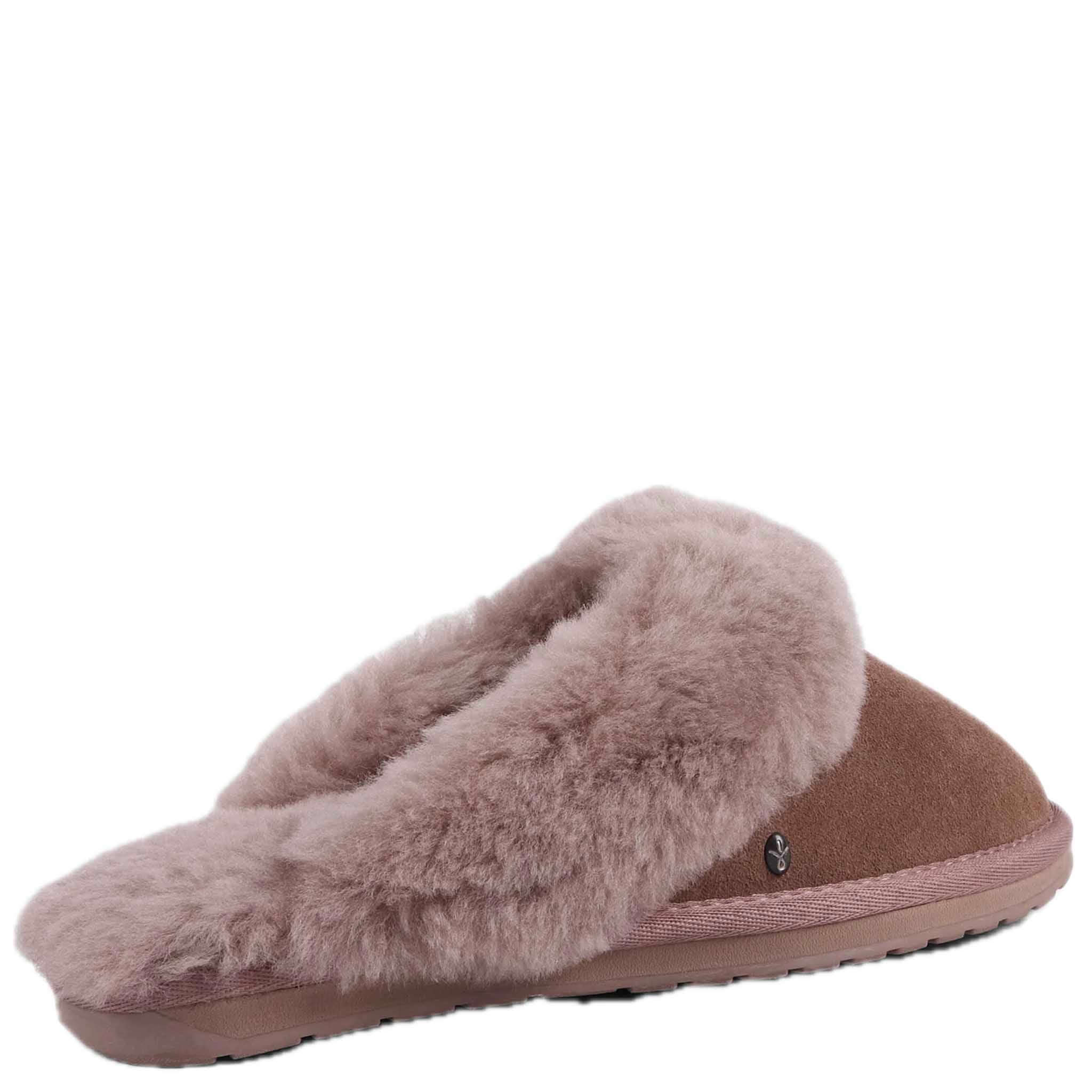 Alt Tag: EMU Jolie Slippers - Mocha women’s suede mule slipper with plush sheepskin lining and dual-layer outsole for indoor outdoor wear