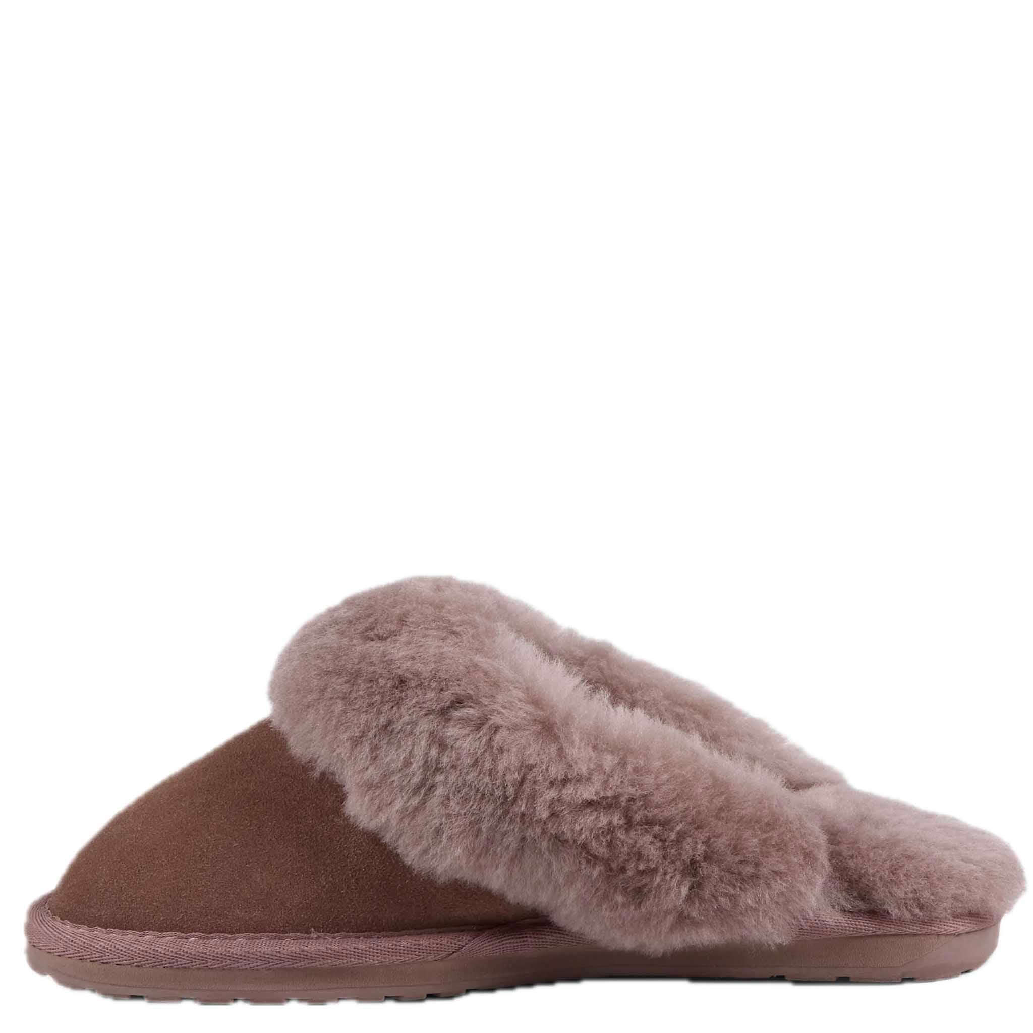 Alt Tag: EMU Jolie Slippers - Mocha women’s suede mule slippers with plush natural sheepskin lining, indoor/outdoor outsole