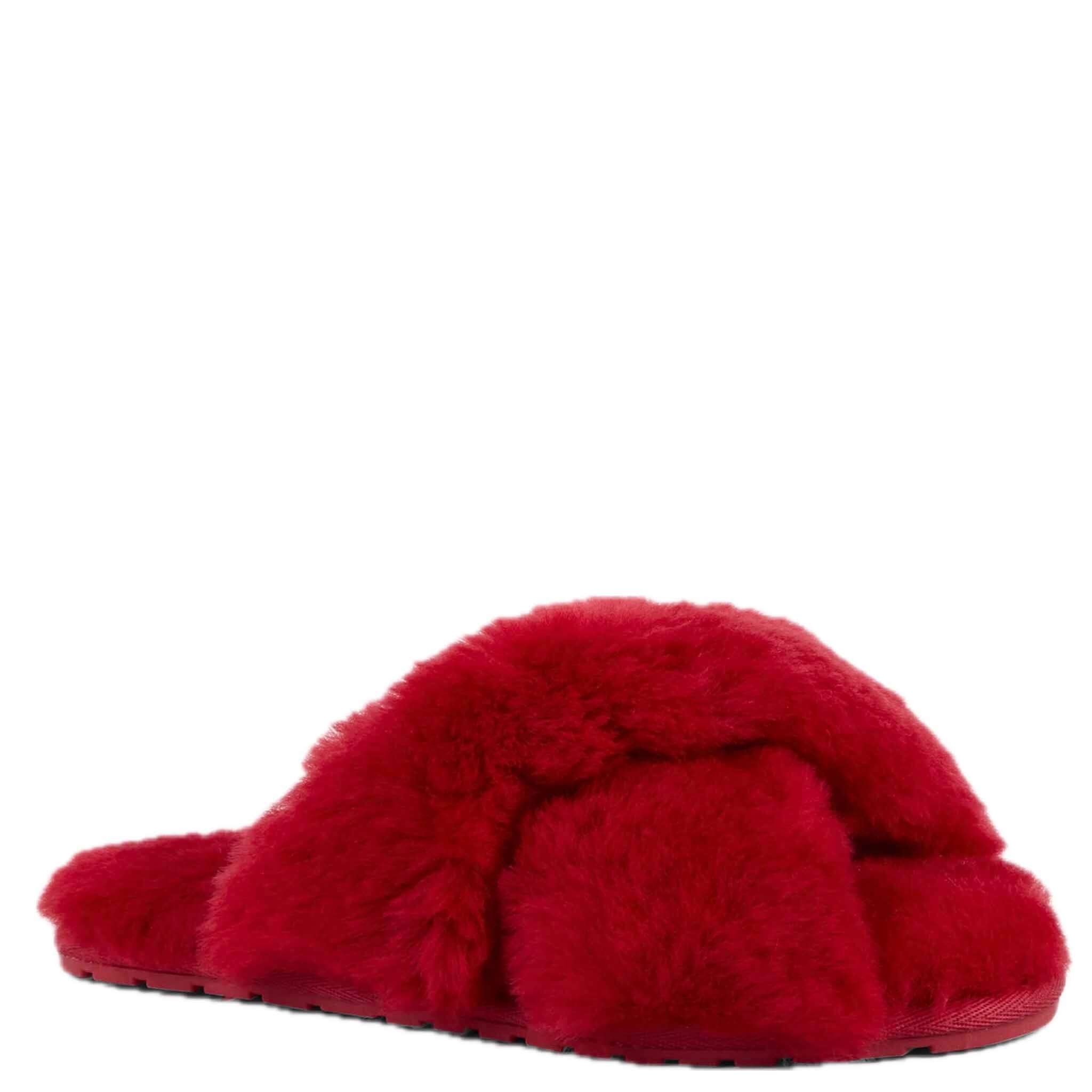 Alt Tag: EMU Mayberry Slippers - Cherry red sheepskin crossover strap open-toe slippers with wave sole, cozy lounge footwear