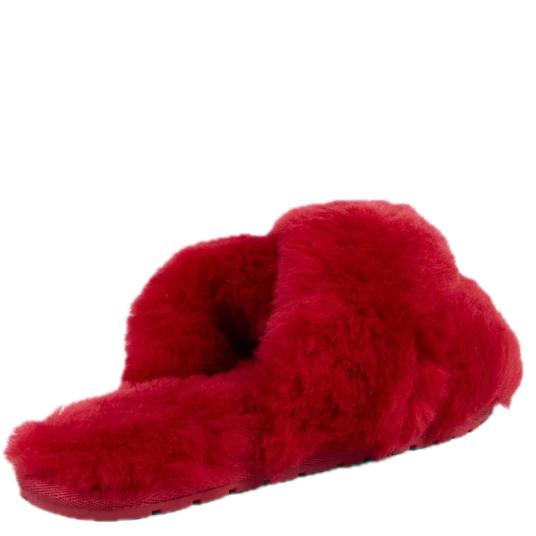 Alt Tag: EMU Mayberry Slippers - Cherry red sheepskin crossover strap open-toe fluffy slippers with wave sole, side view