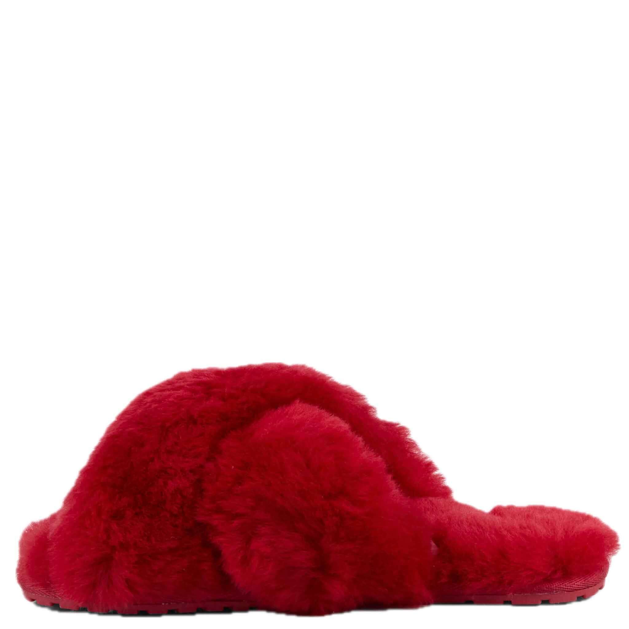 Alt Tag: EMU Mayberry Slippers - Cherry red fluffy sheepskin crossover strap open toe slide slippers side view