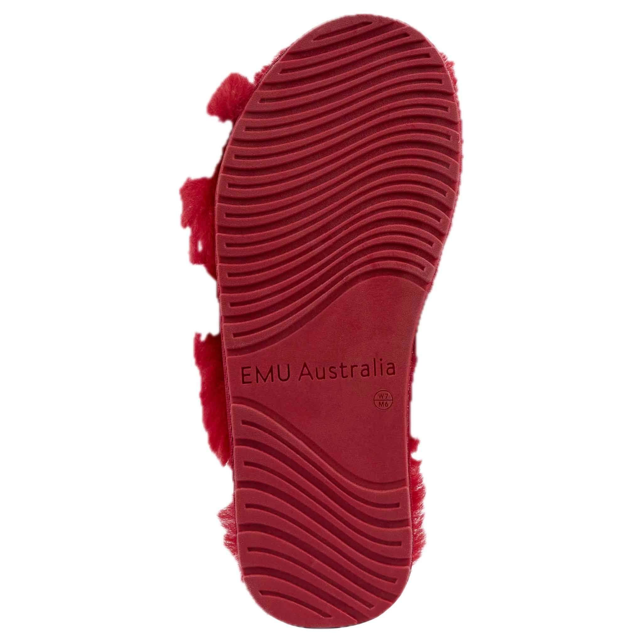 Alt Tag: EMU Mayberry Slippers - Cherry outsole view with wave tread sole and EMU Australia branding