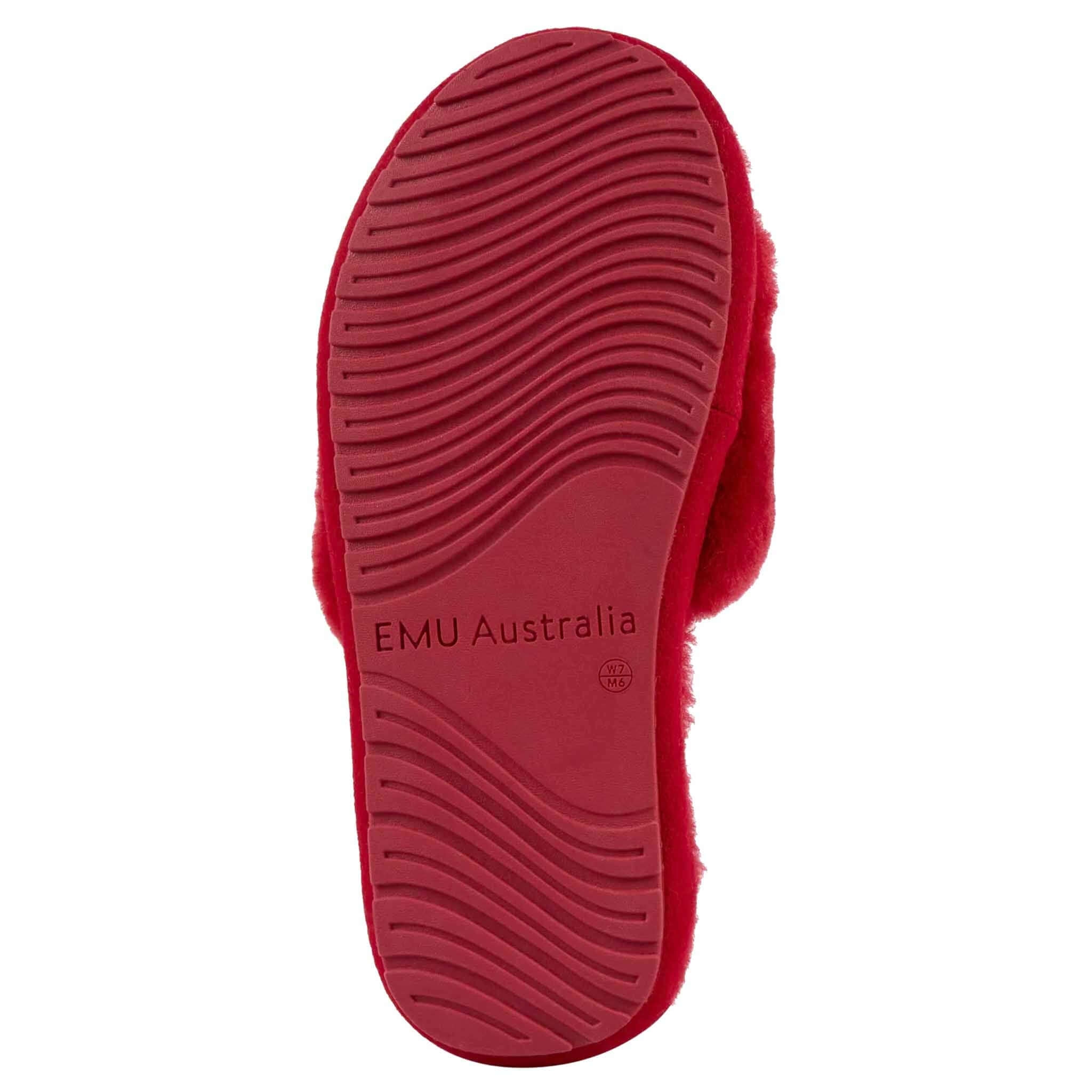 Alt Tag: EMU McKay Slippers - Cherry outsole view, cherry red slide slipper with EMU Australia sole branding and grip tread