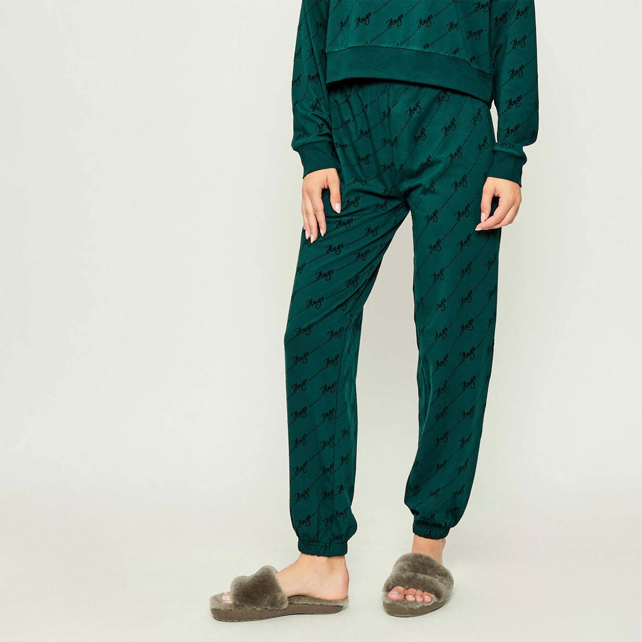 EMU McKay Slippers - Dark Olive women’s plush natural sheepskin slide slippers, warm cosy comfort, worn with green loungewear