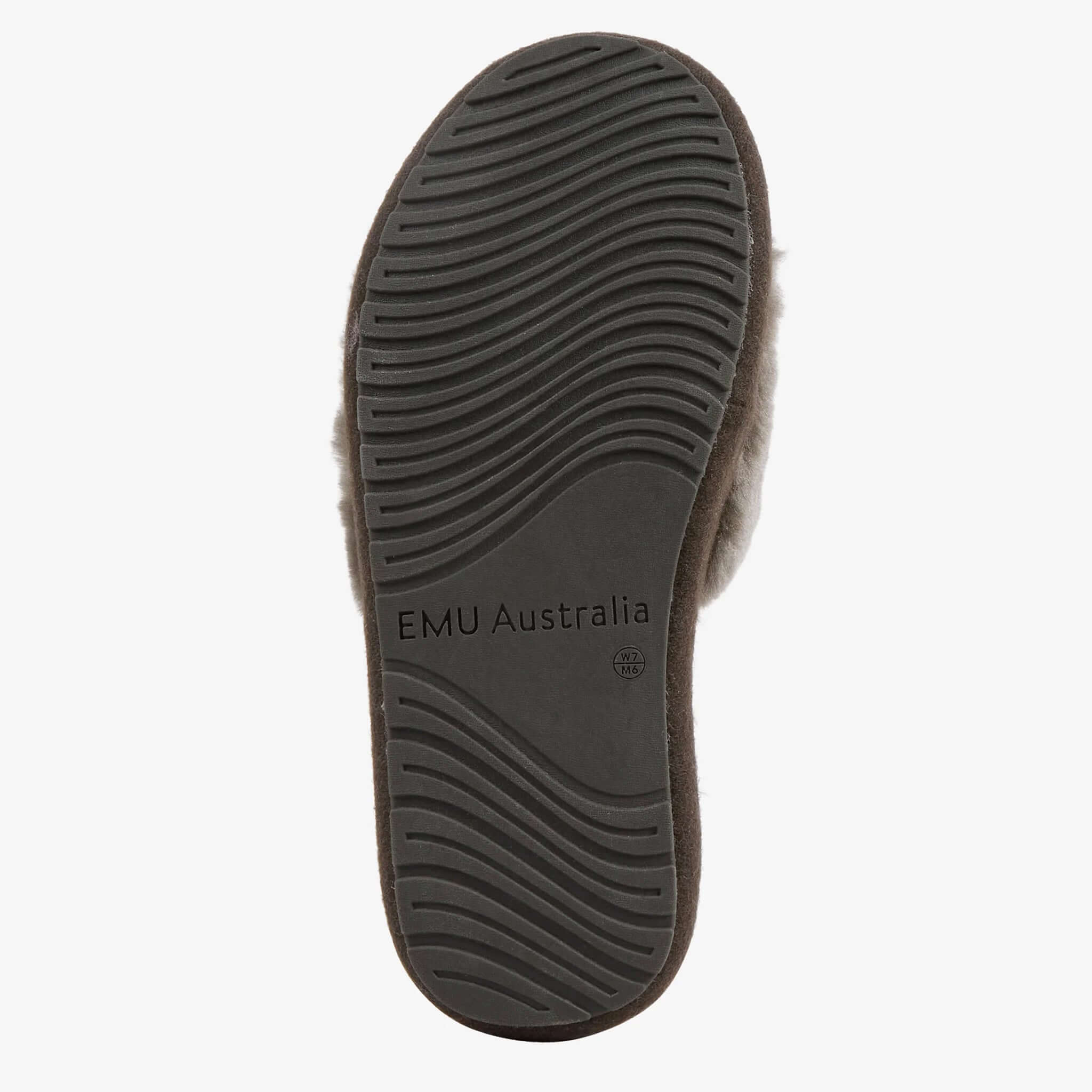 Alt Tag: EMU McKay Slippers - Dark Olive outsole view, women’s plush sheepskin slide slippers with durable grip sole