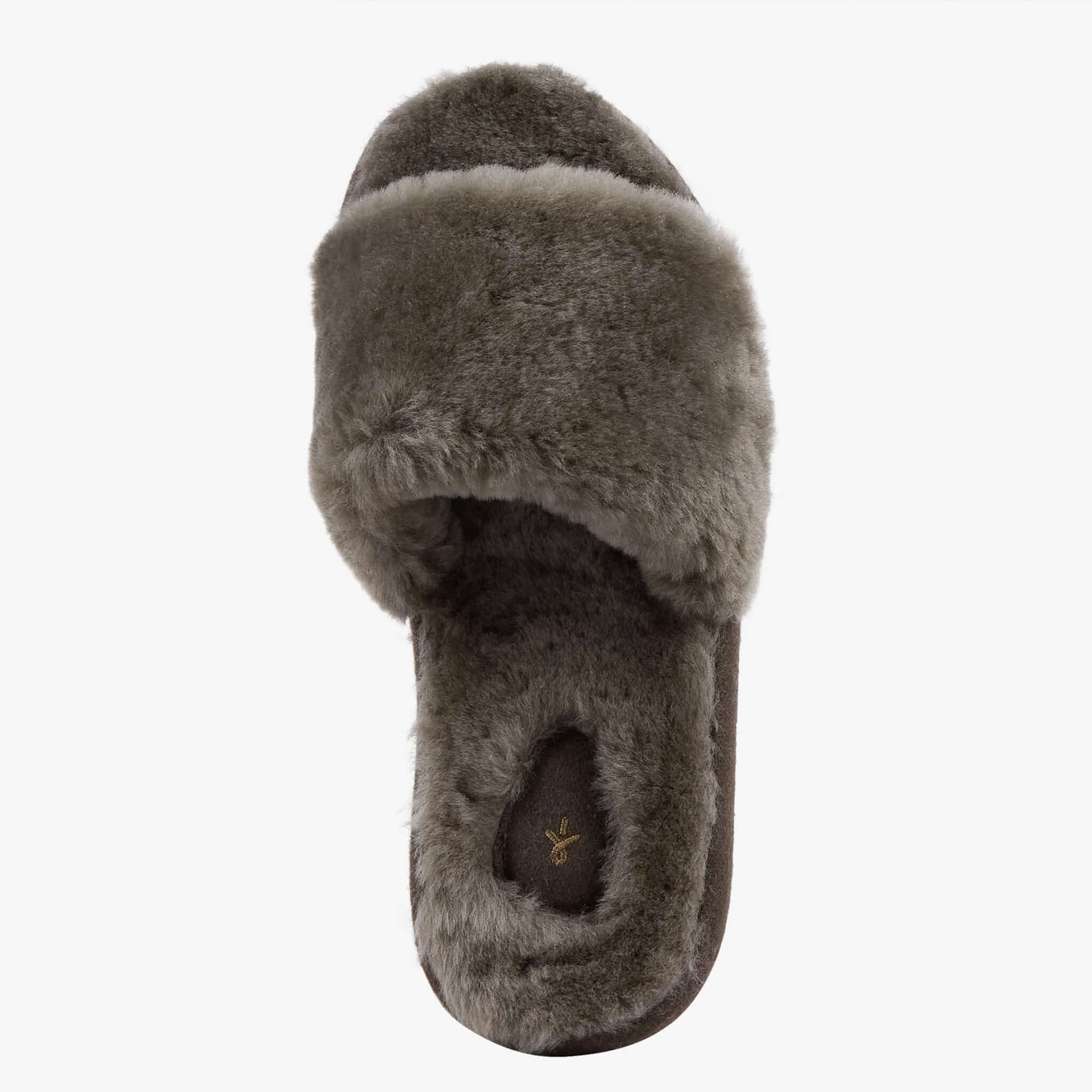 Alt Tag: EMU McKay Slippers - Dark Olive women’s sheepskin slide slippers, plush warm cosy lining, top view