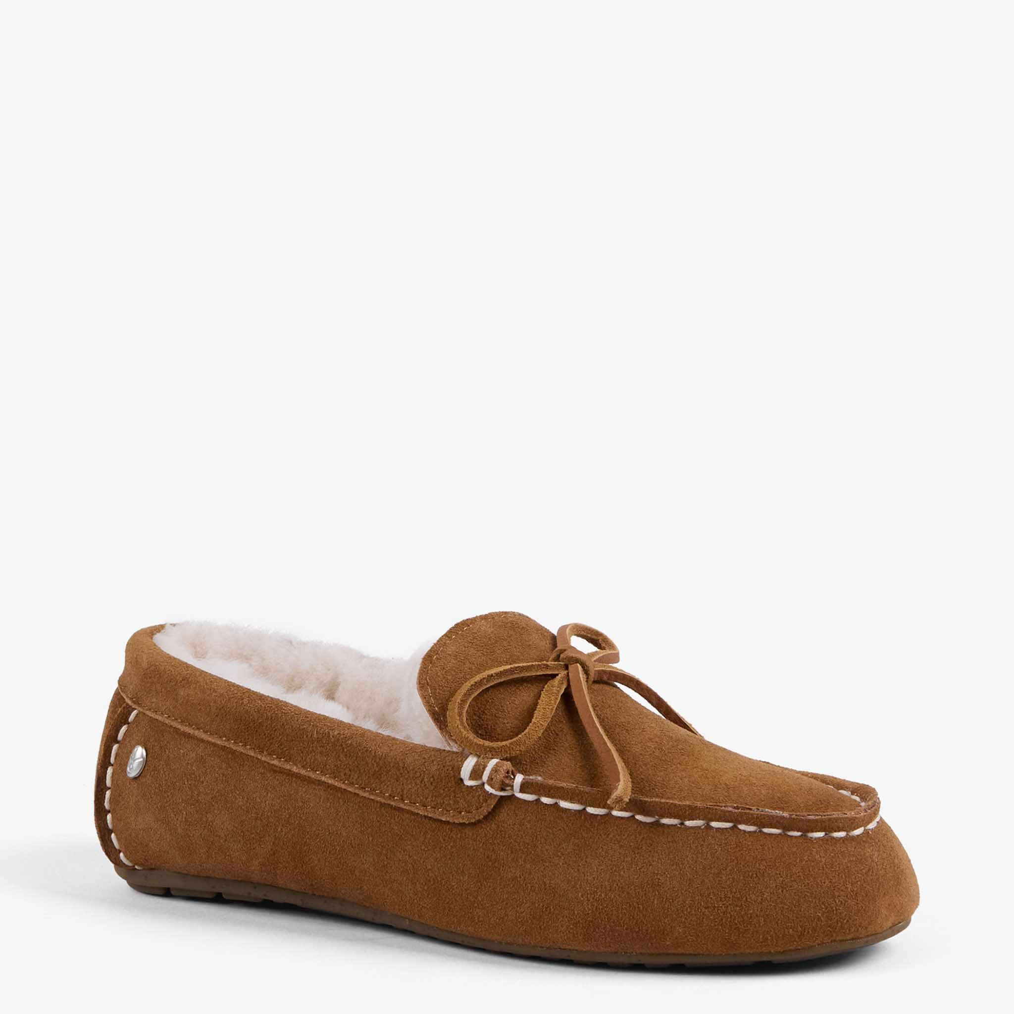 EMU Sandrine Slippers - Camel, women’s suede moccasin slipper with sheepskin lining and vintage leather lace.