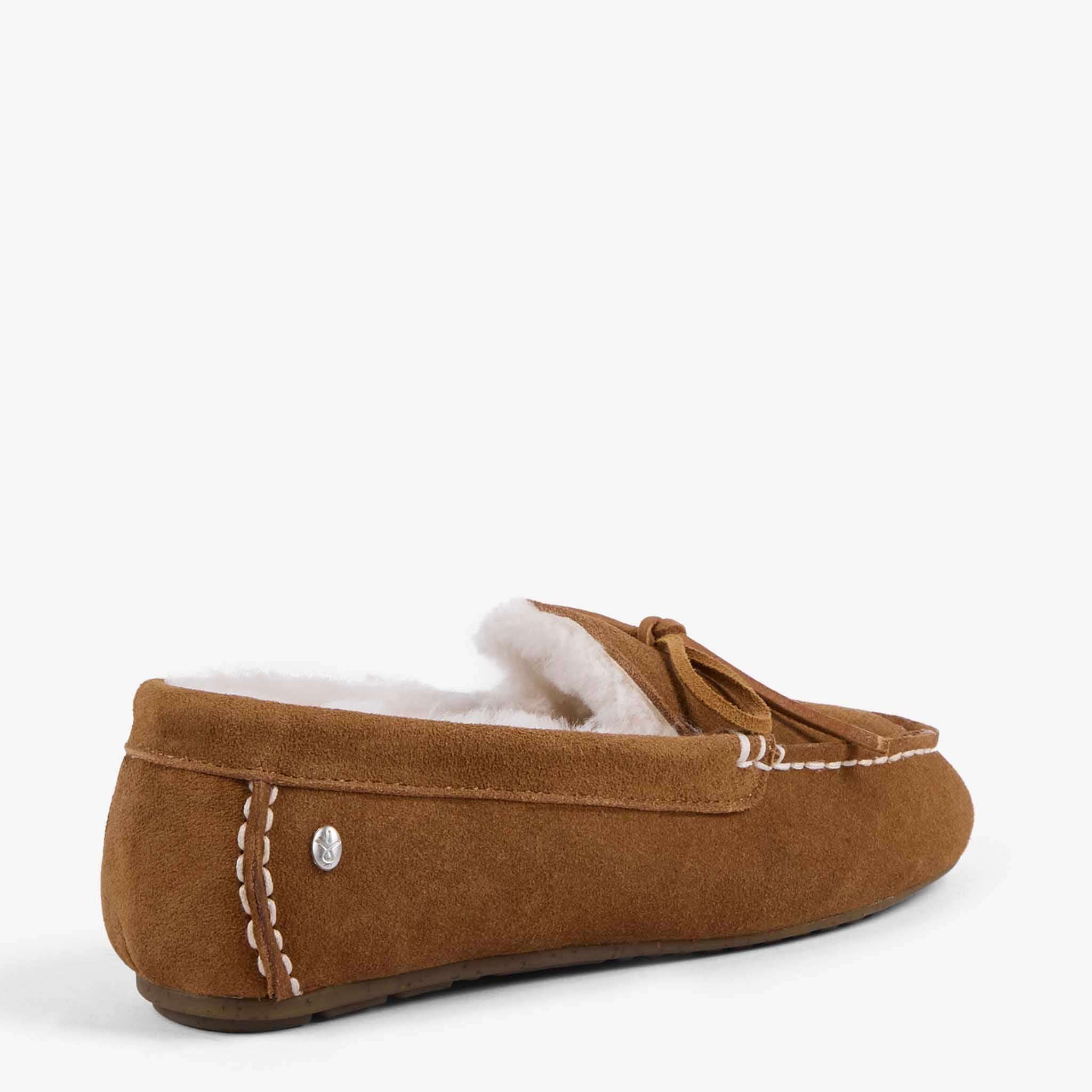 EMU Sandrine Slippers - Camel side view showcasing soft suede and sheepskin lining.