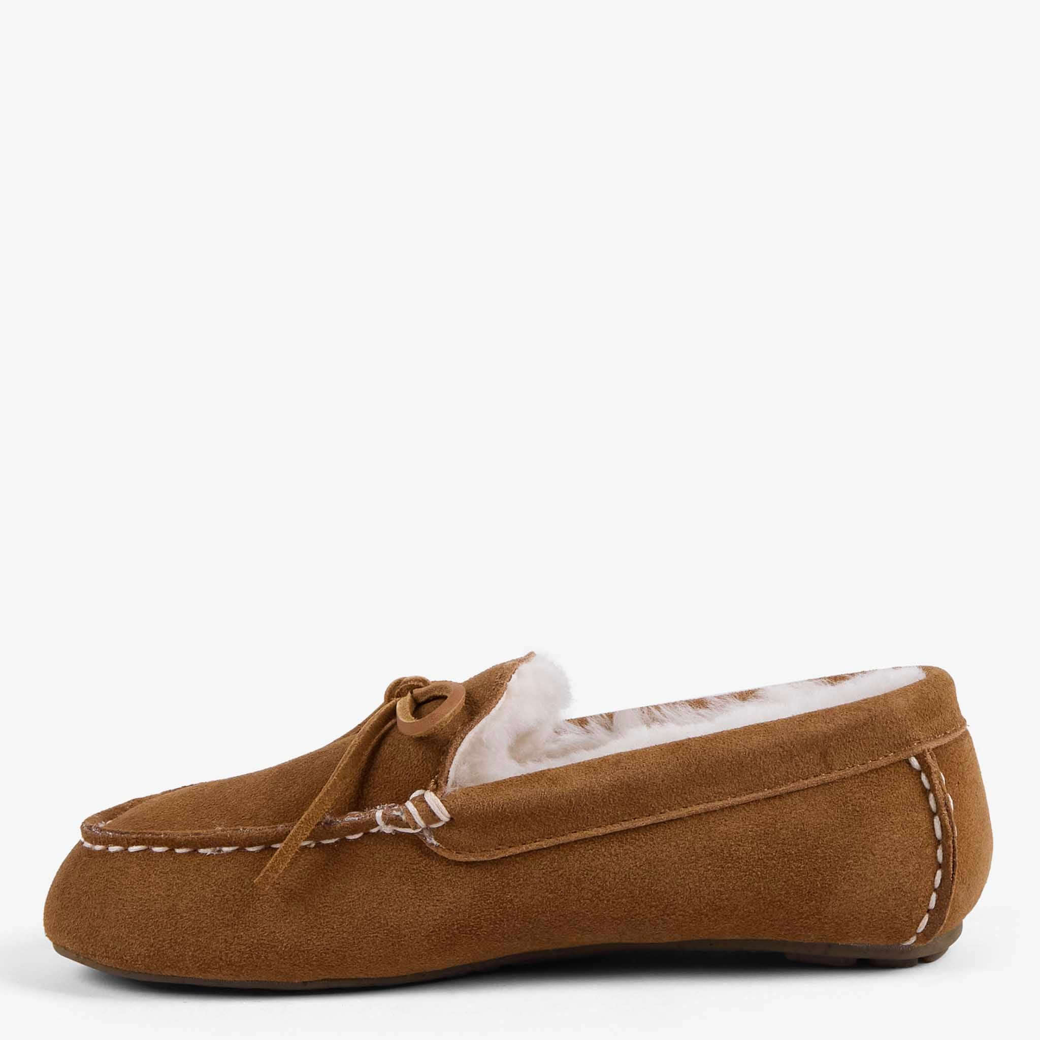 EMU Sandrine Slippers - Camel - Side view of warm suede moccasin slipper with sheepskin lining.