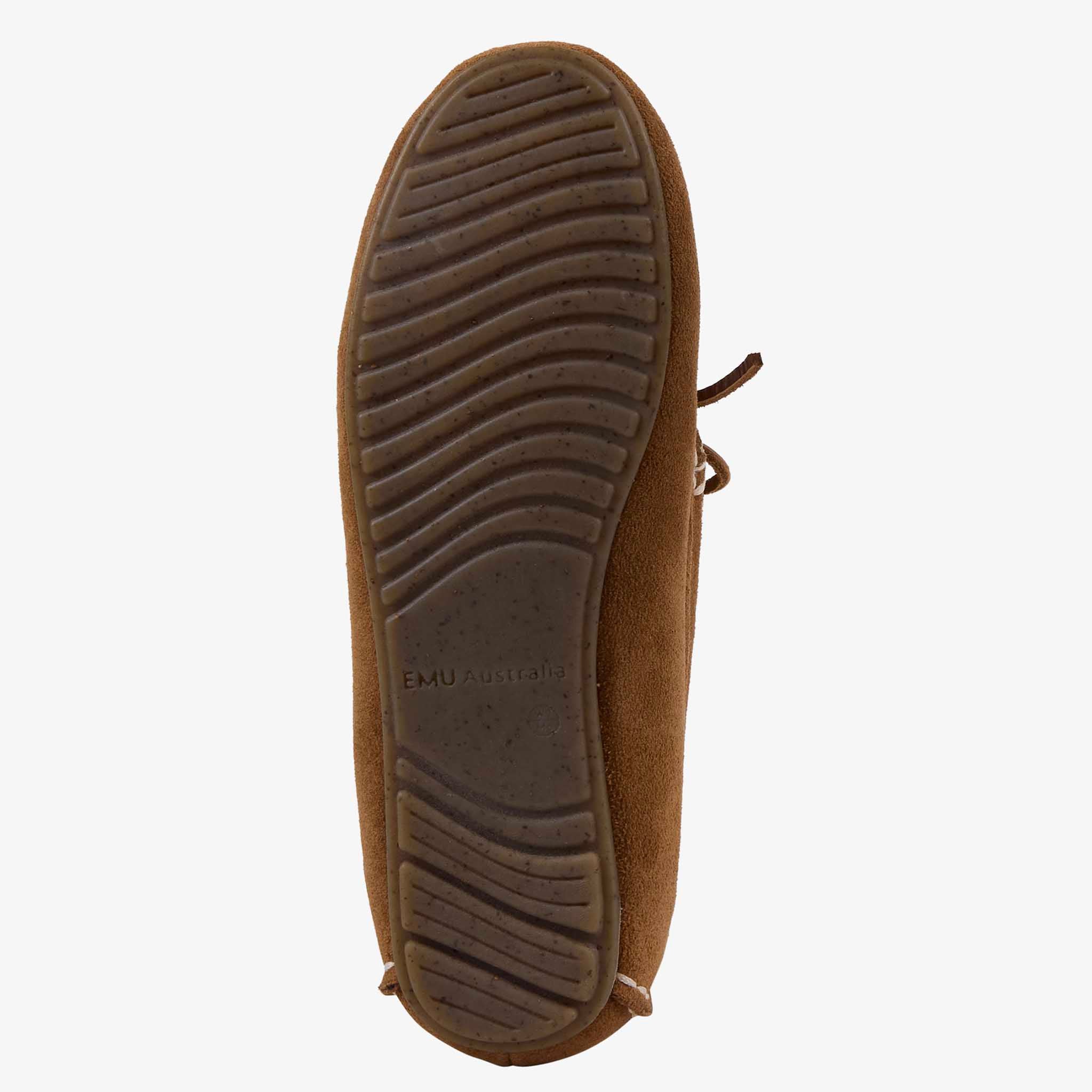 Bottom view of EMU Sandrine Slippers - Camel showcasing the flexible outsole and detailing.